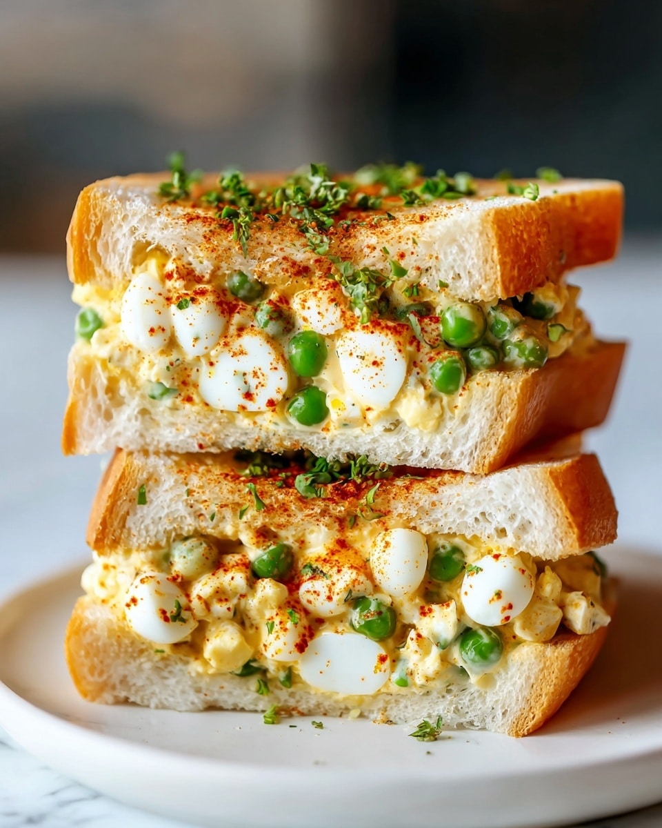 The image shows a sandwich cut in half and stacked, with two thick slices of soft, light golden bread forming the base and top layers. Inside, there is a creamy, pale yellow filling mixed with small white round pieces, likely quail eggs, and bright green peas scattered throughout. The top is dusted with a reddish-orange spice and garnished with chopped green herbs. The sandwich sits on a white plate set on a white marbled texture. photo taken with an iphone --ar 4:5 --v 7