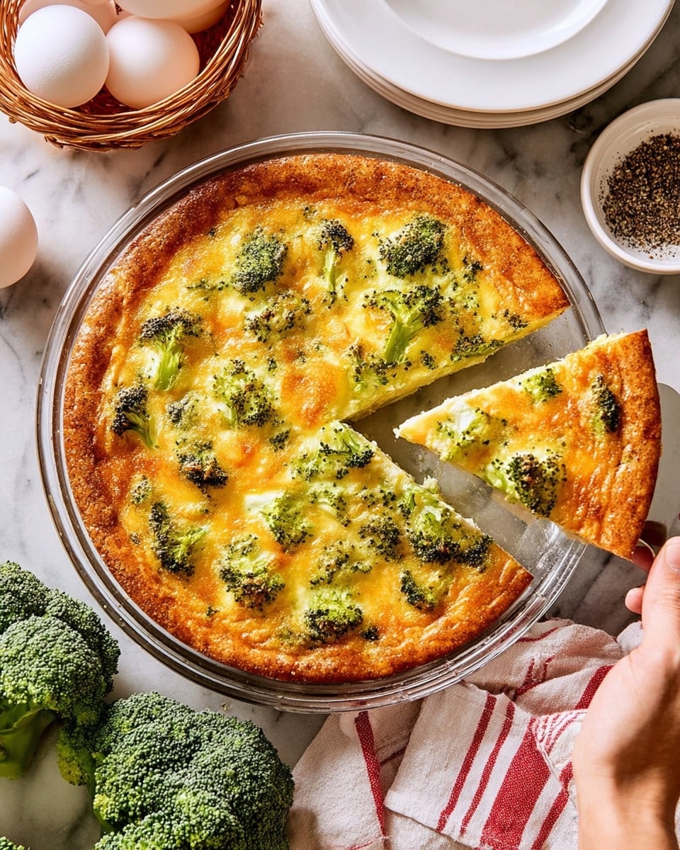A round broccoli quiche with a golden brown crust is shown in a clear glass pie dish. The top layer is an egg mixture baked to a light orange-golden color with visible green broccoli florets scattered evenly across the surface. The quiche is sliced into pieces, and one slice is being lifted by a woman's hand holding a metal spatula from the bottom right. The broccoli pieces are textured and slightly charred on top, contrasting with the smooth, fluffy egg filling beneath. The dish sits on a white marbled surface with a red and white striped cloth partially visible underneath the pie dish. Photo taken with an iphone --ar 4:5 --v 7