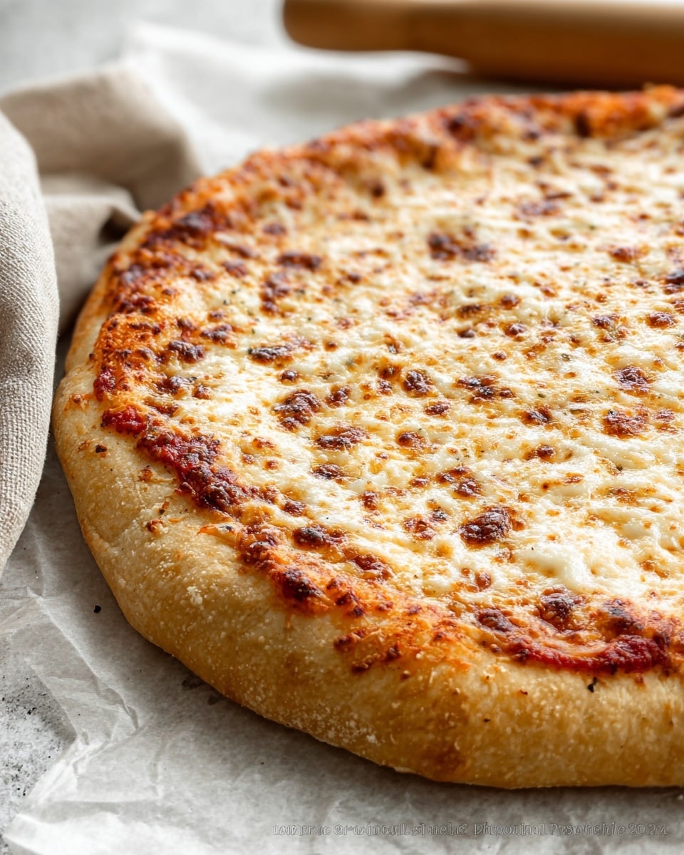 A close-up view of a cheese pizza with three main layers: the base is a thick, light beige dough crust with a slightly rough texture and a soft edge, followed by a thin layer of red tomato sauce peeking from underneath, and topped with a thick layer of melted, golden-brown cheese sprinkled lightly with small herbs or seasoning. The pizza is resting on white parchment paper above a white marbled surface, with a rolling pin blurred in the background. Photo taken with an iphone --ar 4:5 --v 7