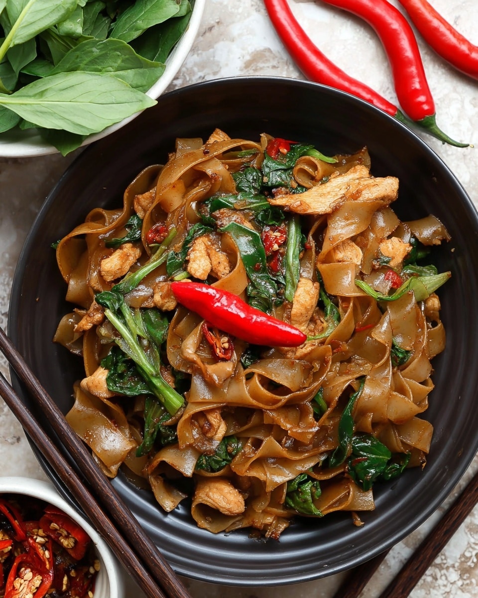 A round black bowl holds a serving of stir-fried flat wide noodles mixed with pieces of cooked chicken, bright green leafy vegetables, and whole red chili peppers. The noodles are light brown and glossy, coated with sauce, layered with tender chunks of golden-brown chicken and fresh green leaves. Around the bowl, there are wooden chopsticks resting on a white marbled surface. Nearby, a white bowl filled with green leafy herbs and red chili peppers adds a fresh contrast. The scene is set on a white marbled background. photo taken with an iphone --ar 4:5 --v 7
