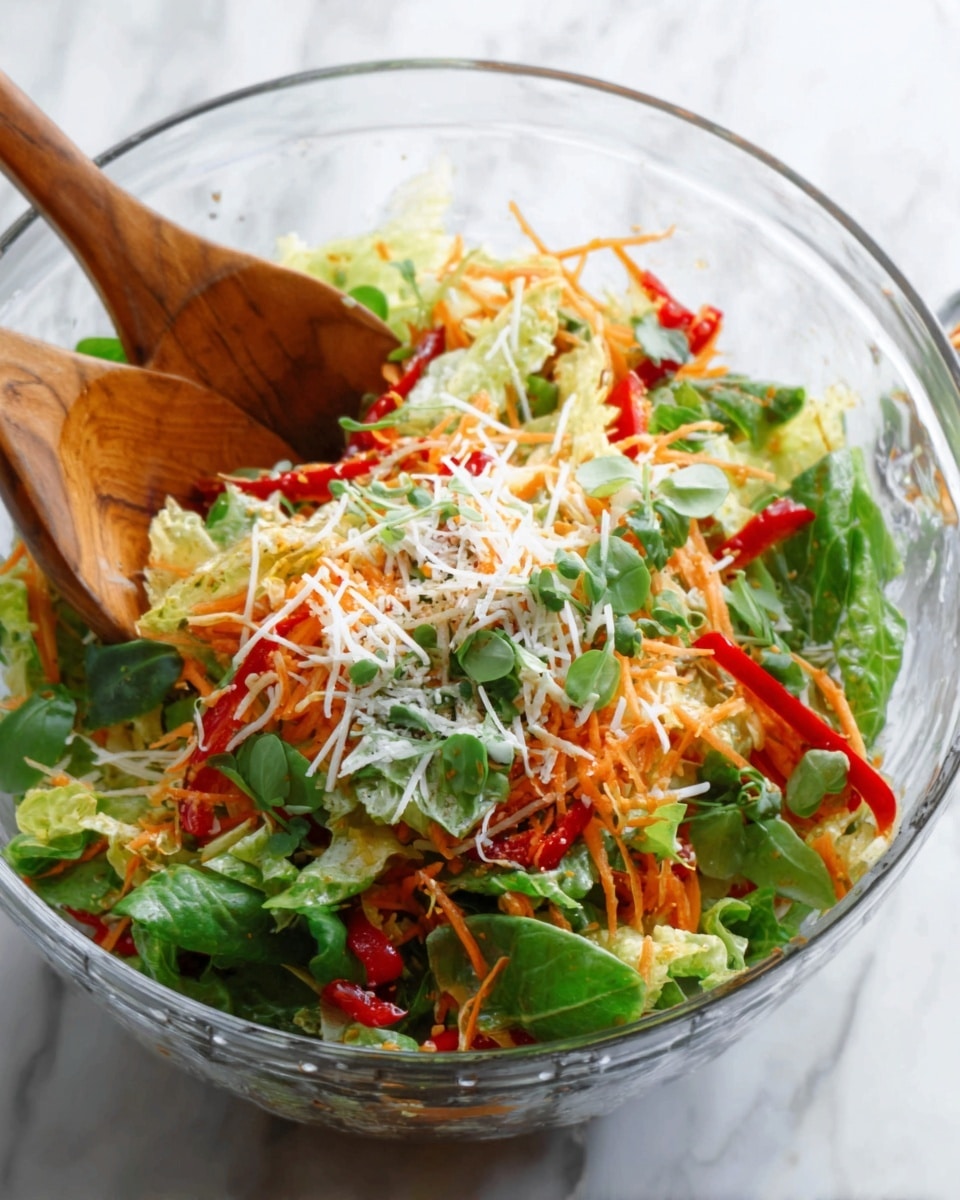 A clear glass bowl filled with a fresh salad layered with green leafy lettuce, shredded orange carrots, and red bell pepper strips. There are white shredded cheese and small green herbs sprinkled on top. Two wooden salad spoons are partially visible inside the bowl, mixing the colorful ingredients. The bowl sits on a white marbled surface. Photo taken with an iphone --ar 4:5 --v 7