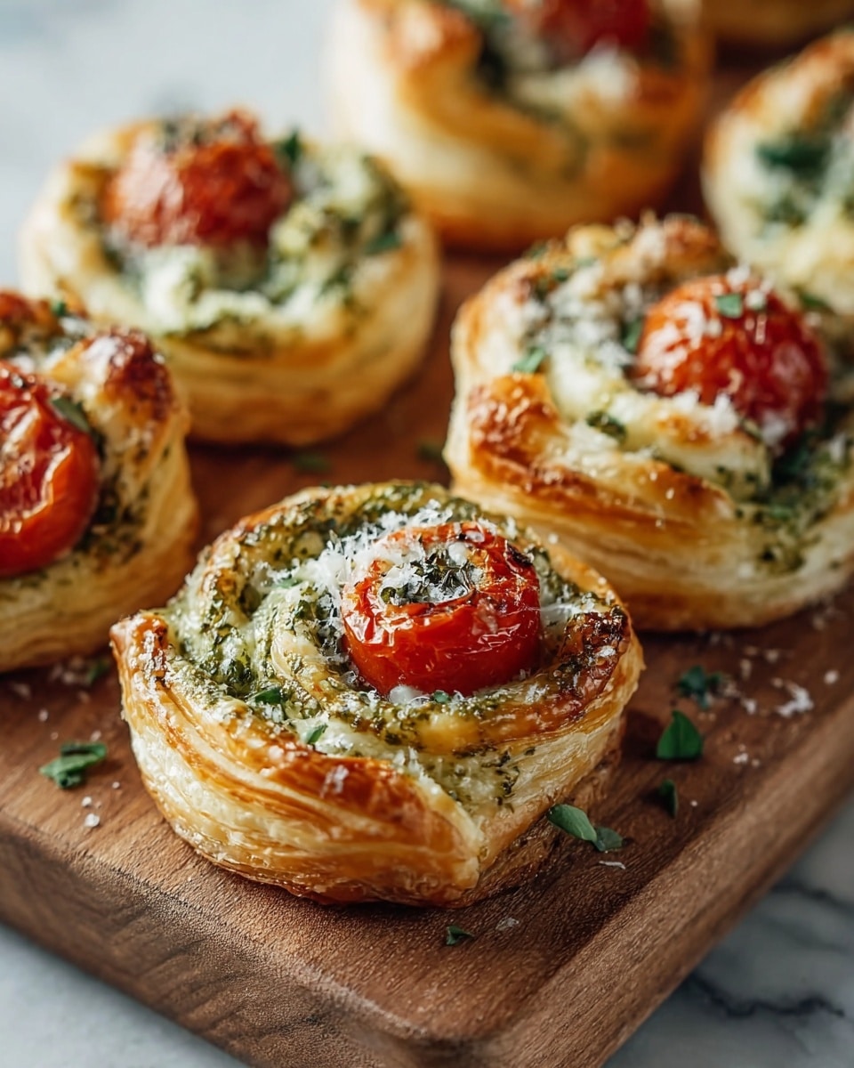 The image shows several small, round puff pastry bites placed closely together on a wooden board over a white marbled surface. Each pastry has about three visible flaky, golden-brown layers with a light crisp texture. On top of the layers is a mix of bright green pesto sauce and finely grated white cheese. Some pastries have a halved, roasted cherry tomato with a shiny, slightly wrinkled red skin nestled near the center. Small pieces of green herbs are scattered on and around the pastries, adding a fresh touch. Photo taken with an iphone --ar 4:5 --v 7