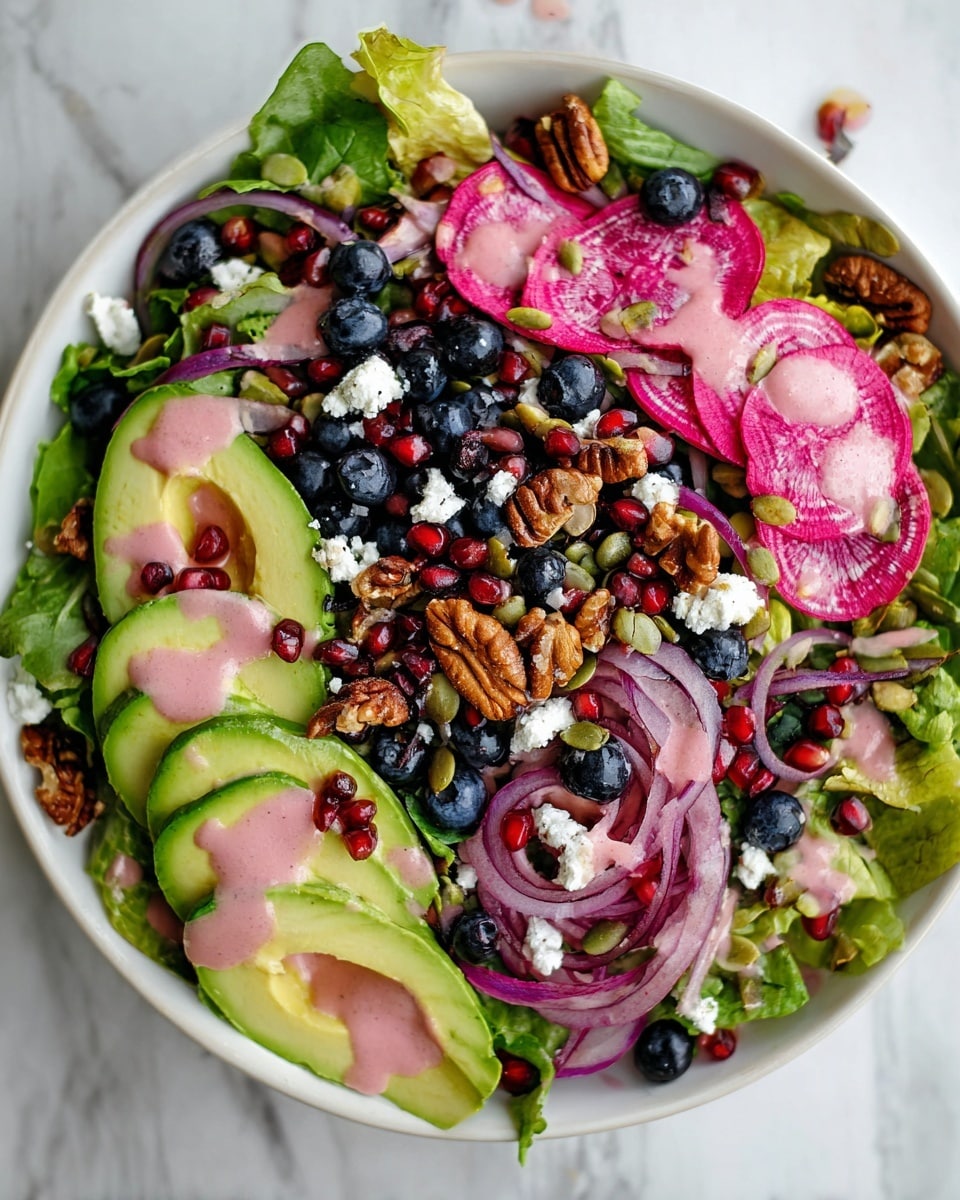 A white bowl filled with a colorful salad on a white marbled surface, featuring three main layers: the base layer of mixed green lettuce leaves, the middle layer of thin pink and green watermelon radish slices and light purple onion rings scattered around, and the top layer decorated with bright red pomegranate seeds, dark blue blueberries, pale green sliced avocado, roasted brown nuts, and white crumbled cheese. The whole salad is drizzled with a light pink creamy dressing, with the colors and textures contrasting vividly throughout the bowl. photo taken with an iphone --ar 4:5 --v 7