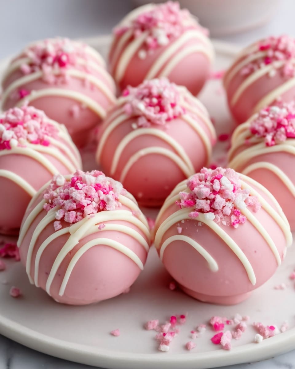 The image shows a group of eight round pink dessert balls, each decorated with white drizzle lines evenly spread across the top. On top of each ball, there is a small pile of crushed pink and white candy pieces, adding texture and color contrast. The pink dessert balls sit closely together on a simple white plate, which is placed on a white marbled surface. The candy pieces are also scattered lightly around the plate. The overall look is soft, sweet, and inviting with pastel pink and white tones. photo taken with an iphone --ar 4:5 --v 7