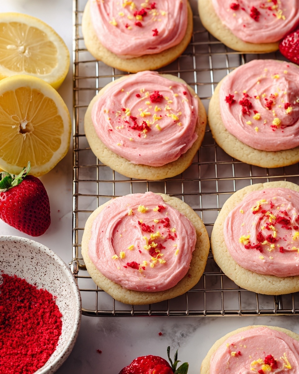 The image shows a group of round sugar cookies on a silver cooling rack placed over a white marbled surface. Each cookie has one thick layer of pale pink frosting swirled smoothly on top. The frosting is decorated with small red crumb bits and tiny yellow lemon zest pieces scattered over it. Around the rack, there are bright red whole strawberries and a yellow lemon half with the cut side facing up. In the bottom left corner, a speckled white bowl holds more red crumb bits. The soft light gives the scene a fresh and inviting look. photo taken with an iphone --ar 4:5 --v 7