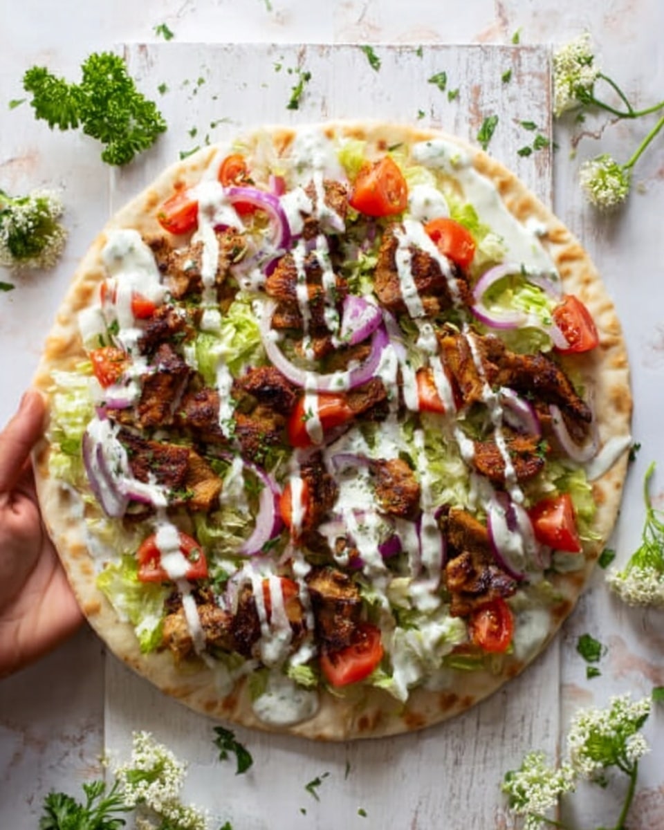 The image shows a single flatbread topped with several layers of food. The bottom layer is a light, thin flatbread with a golden-brown edge. On top of this is a layer of green lettuce, chopped roughly. There are pieces of bright red tomato and thin slices of purple onion spread evenly around. Over the vegetables are brown, grilled meat pieces that have a slightly crispy texture. White sauce is drizzled in small amounts across the top, adding contrast. The flatbread is placed on a white wooden surface with a white marbled texture, with some small white flowers and green parsley scattered around. A woman's hand is holding the flatbread gently on the left side. Photo taken with an iphone --ar 4:5 --v 7