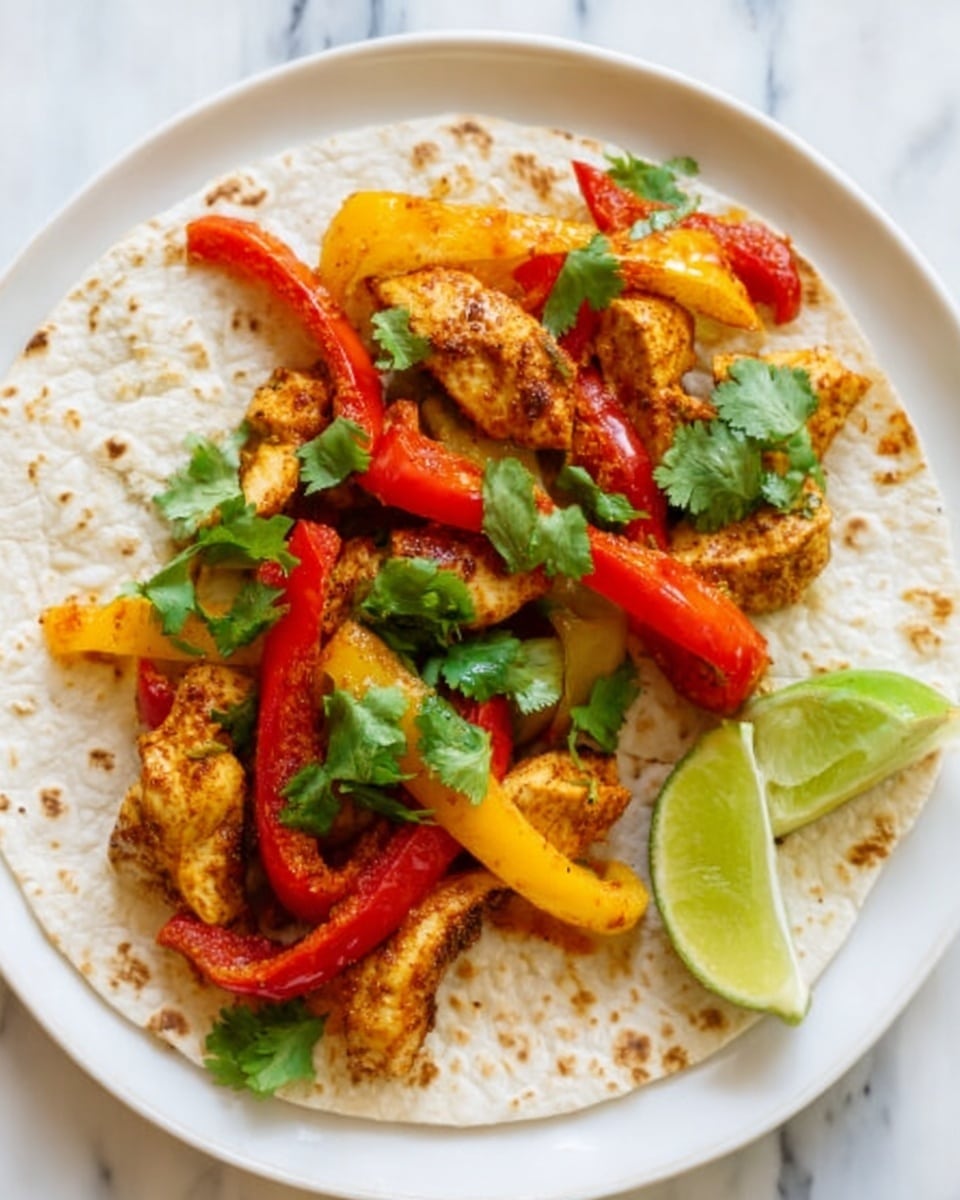 A white plate holds a soft, lightly toasted tortilla as the base layer. On top, there are pieces of cooked chicken with a slightly browned surface, mixed with red and yellow bell pepper strips that appear tender and slightly shiny. Fresh green cilantro leaves are scattered over the chicken and peppers. Two lime wedges with a vibrant green color rest on the top left side of the tortilla. The background is a white marbled texture. photo taken with an iphone --ar 4:5 --v 7
