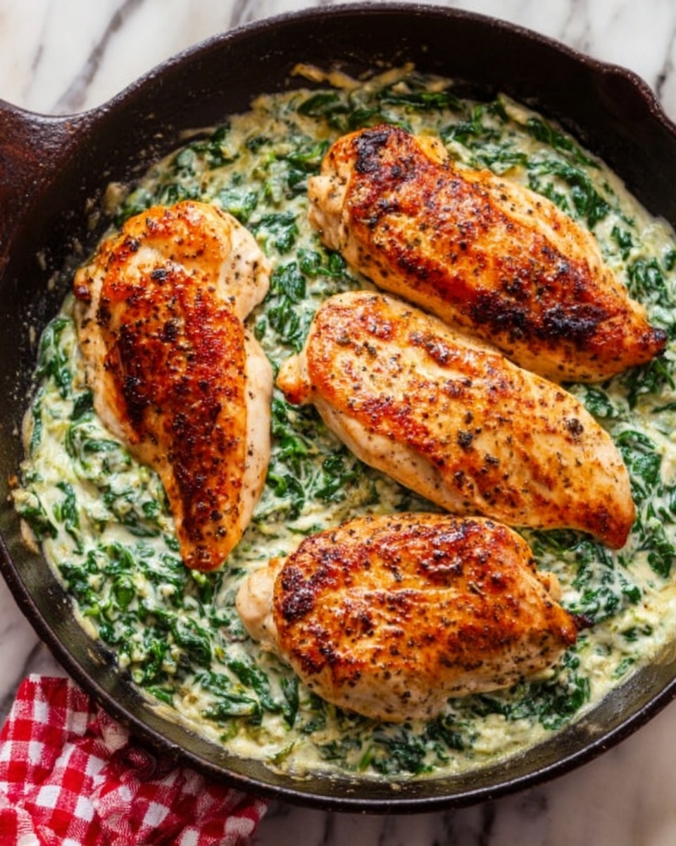 The image shows three browned chicken breasts cooked on top of a creamy spinach mixture in a black skillet. The chicken breasts have a crispy, golden-brown texture with slight charring and seasoning visible on the surface. The creamy spinach underneath is thick and rich, with a mix of light green and white colors, filling the bottom of the skillet evenly. The skillet rests on a white marbled surface with a red and white checkered cloth slightly visible on the side. photo taken with an iphone --ar 4:5 --v 7