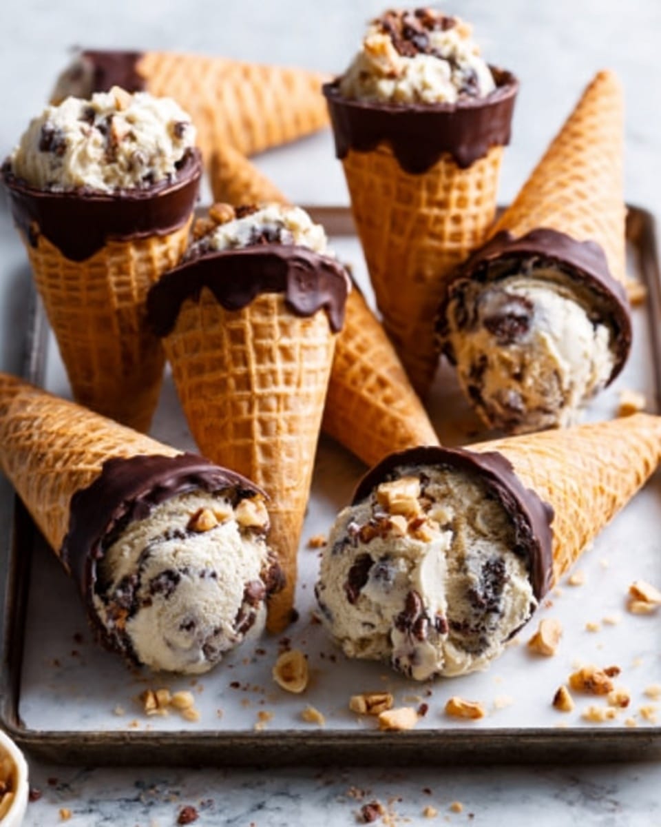 The image shows several ice cream cones placed on a tray with a white marbled background. Each cone has a crispy waffle texture and is dipped in rich, dark chocolate around the top edge, which looks smooth and glossy. Inside the cones, there are scoops of light beige ice cream with dark chocolate chips mixed throughout. The ice cream appears creamy with a textured surface, and small pieces of nuts are scattered around the cones on the tray. One scoop of ice cream sits separately on the tray, showing more details of the ice cream texture. photo taken with an iphone --ar 4:5 --v 7