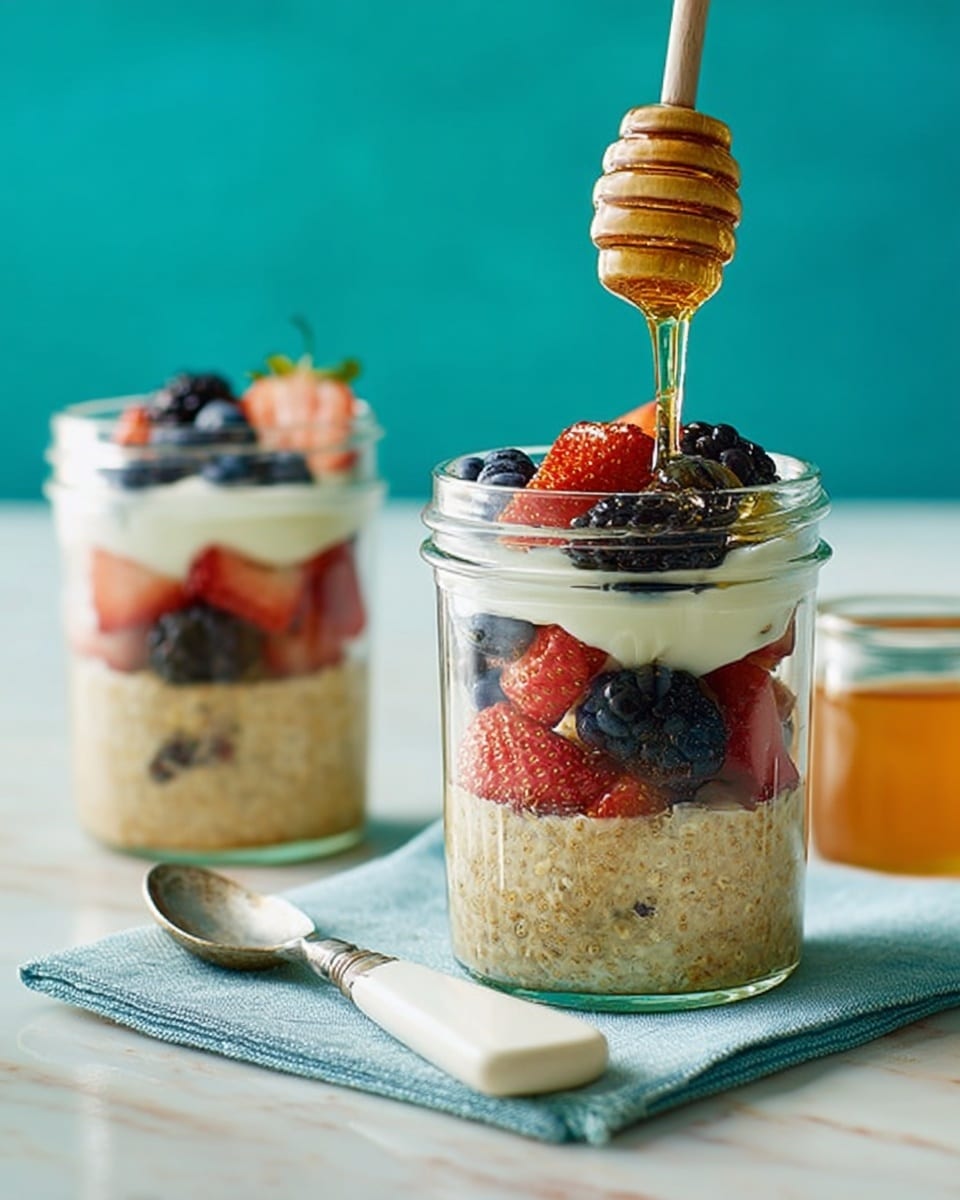 Two clear glass jars each hold a layered dessert with three visible layers: a beige grainy base, a middle layer of sliced red strawberries and blackberries, and a top layer of light cream or yogurt with whole berries. A spoon with honey is held above the front jar, drizzling golden honey onto the cream layer. The jars are placed on a light blue cloth over a white marbled surface. A small jar of honey is in the background and a white-handled spoon lies nearby. The background is a solid turquoise blue color. Photo taken with an iphone --ar 4:5 --v 7