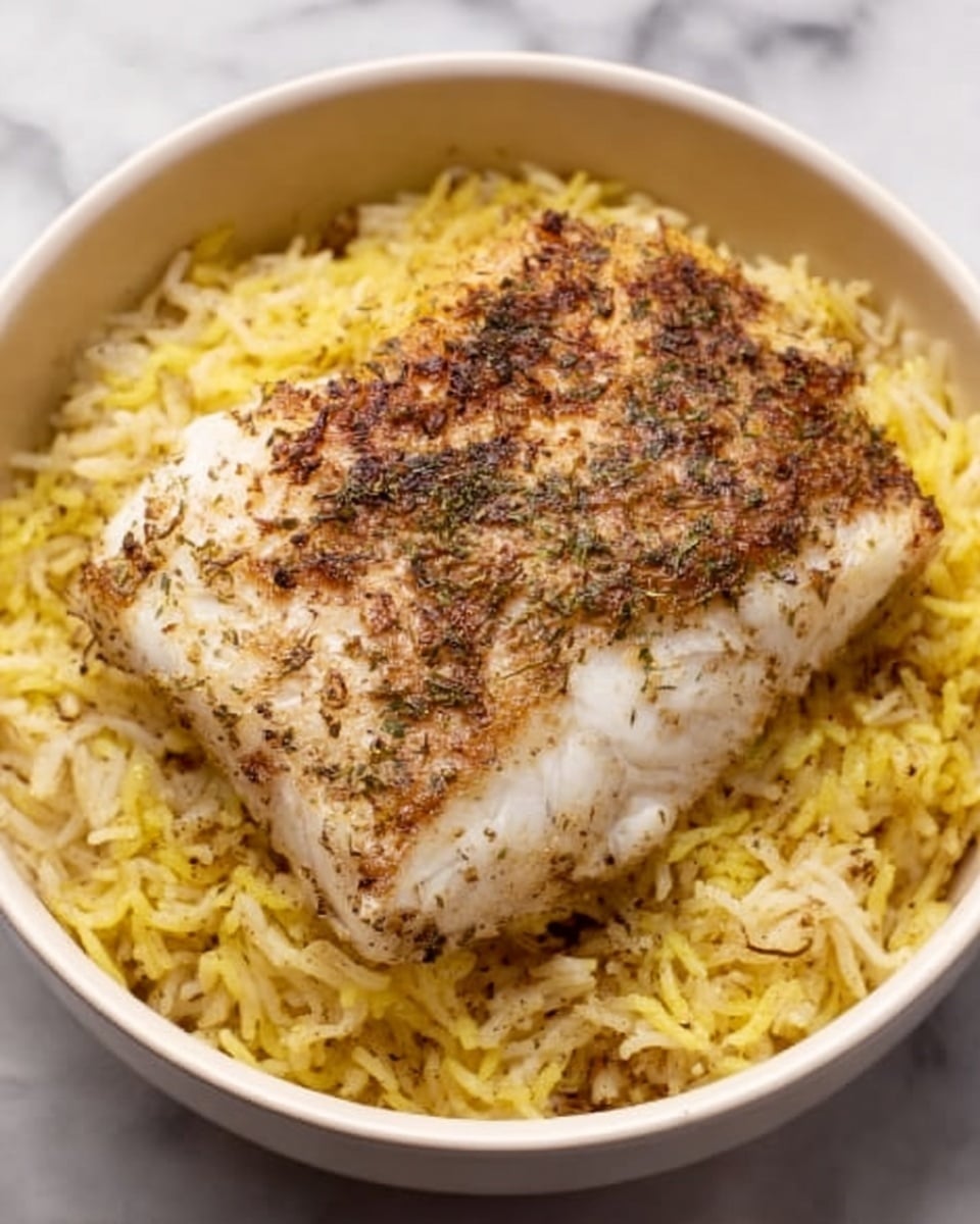 A white bowl filled with cooked yellow rice forms the base layer, topped with a thick, white cooked fish fillet. The fish has a brown crust with seasoning and spices visible on top. The bowl is placed on a white marbled surface. Photo taken with an iphone --ar 4:5 --v 7