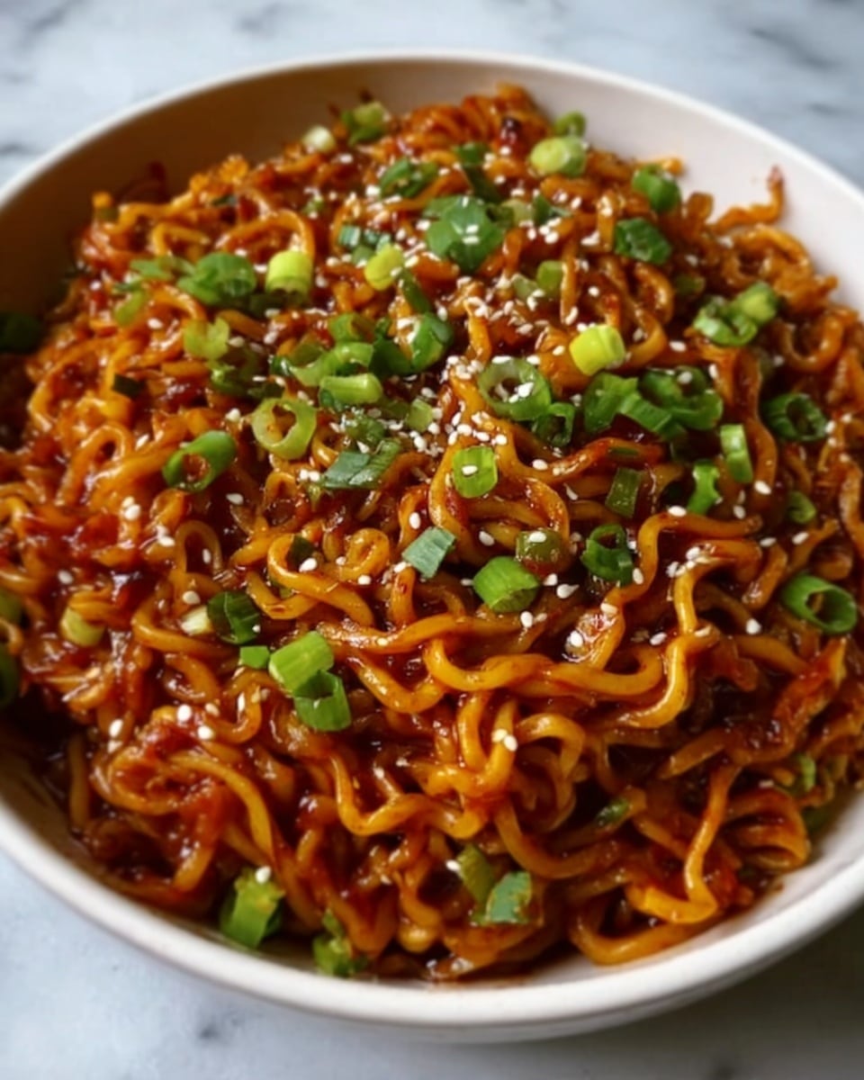 The image shows a close-up of cooked noodles in a white bowl. The noodles are twisted and coated in a glossy reddish-brown sauce, giving them a rich and savory look. Scattered on top are small pieces of chopped green onions and white sesame seeds, adding a fresh and crunchy texture. The bowl is placed on a white marbled surface. photo taken with an iphone --ar 4:5 --v 7