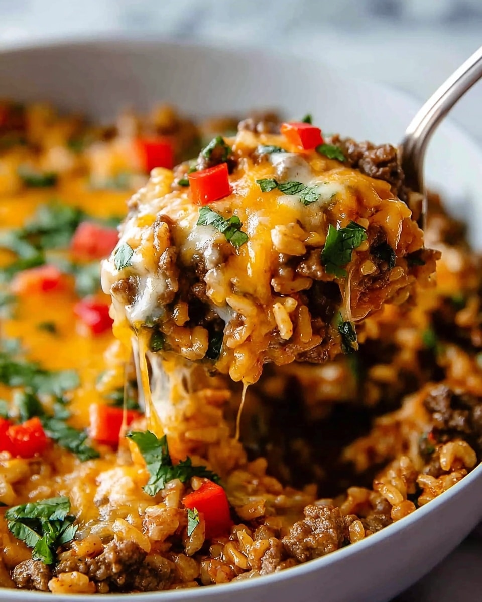 This image shows a close-up of a spoonful of cheesy beef and rice casserole being lifted from a white bowl on a white marbled surface. The dish has multiple layers including cooked ground beef mixed with brown rice, melted yellow cheese, and small pieces of red bell pepper scattered on top. There are also fresh green herbs sprinkled over the dish for color and freshness. The textures show the golden melted cheese intertwined with the rice and meat, making the food look warm and hearty. Photo taken with an iphone --ar 4:5 --v 7