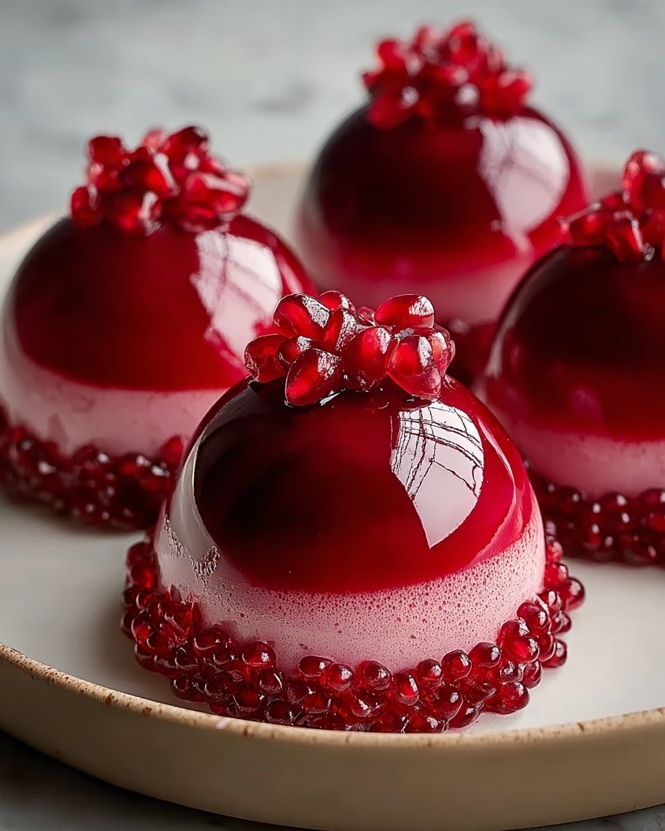 The image shows four shiny red dome-shaped desserts on a white plate with a light beige edge, placed on a white marbled surface. Each dome has two layers: the top layer is a deep, glossy red with a smooth, mirror-like finish, while the bottom layer is a lighter pink with a slightly frothy texture where it meets the red layer. Around the base of each dome is a ring of small, translucent red beads that look like sugar crystals. On top of each dome, there is a small cluster of glossy pomegranate seeds, giving a fresh and juicy look with their bright red color. Photo taken with an iphone --ar 4:5 --v 7