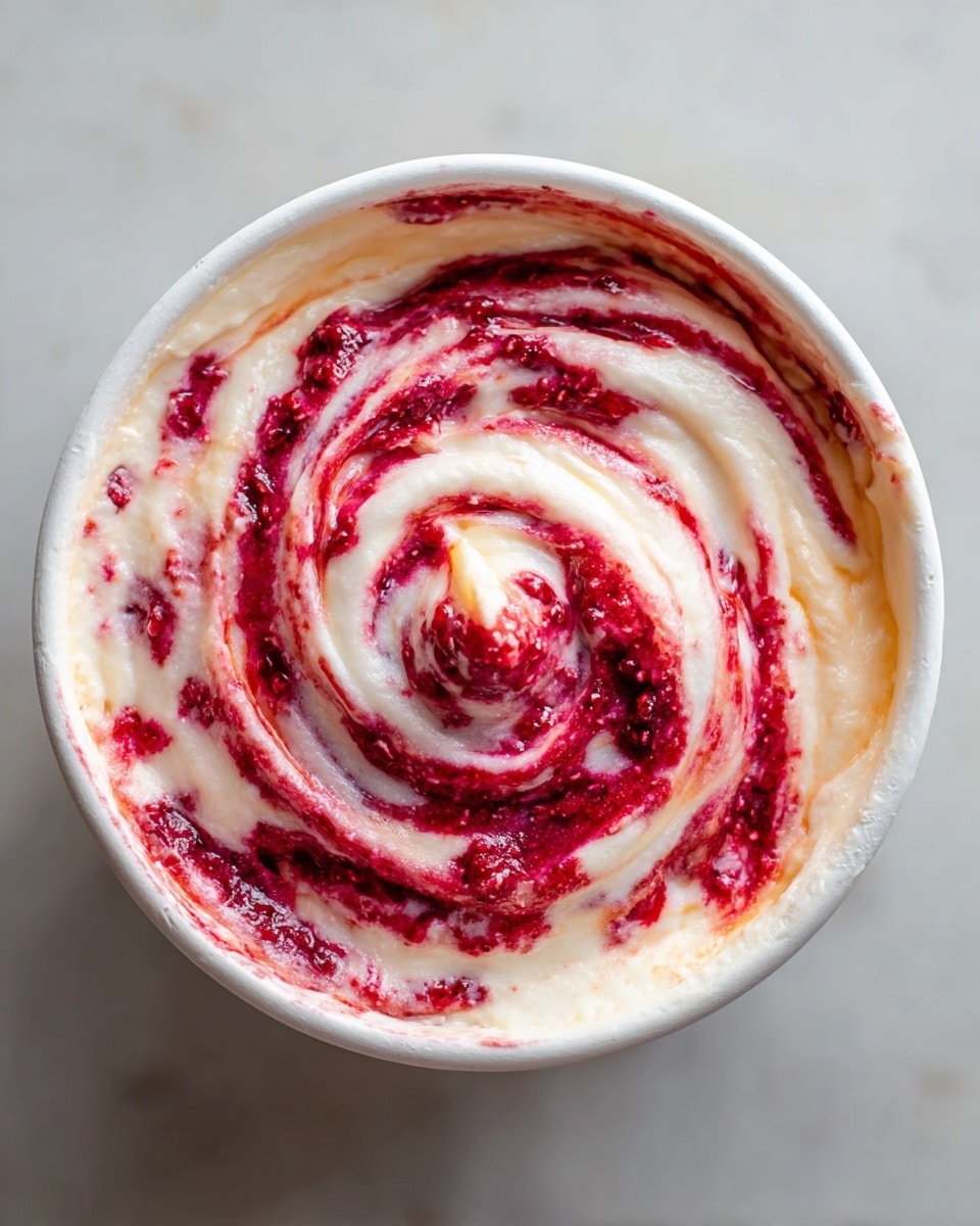 A white bowl filled with a creamy, smooth mixture that has two main layers swirled together in a spiral pattern. The base layer is light cream colored with a soft, fluffy texture, while the second layer is a deep, vibrant red made of small fruit pieces, creating a textured, mixed swirl on top. The red and cream layers are evenly blended but still distinct, forming a visually appealing, marbled effect. The bowl is placed on a white marbled surface. photo taken with an iphone --ar 4:5 --v 7
