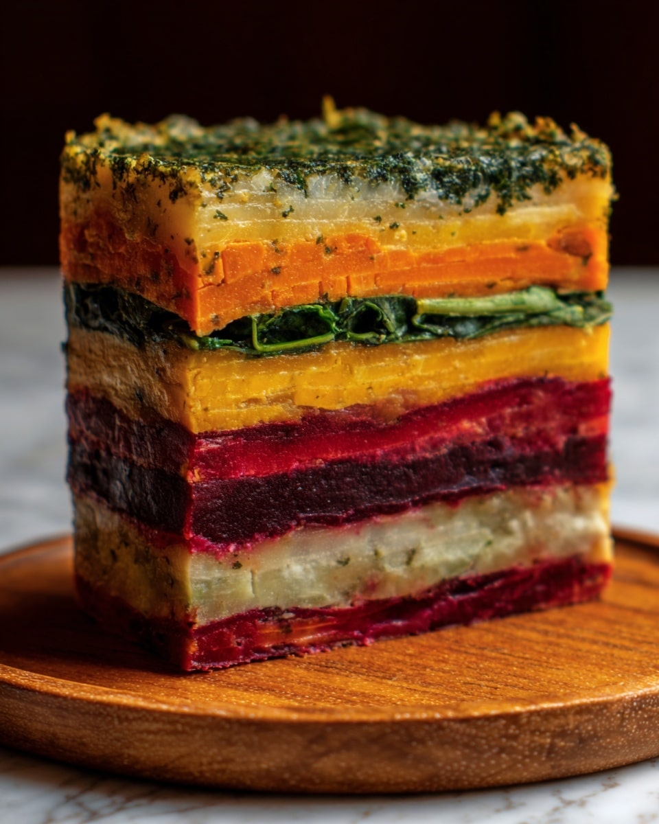 The image shows a tall, colorful layered vegetable terrine cut to reveal eight thick, even layers, each with a smooth, slightly textured surface. From bottom to top, the layers are light beige with a slightly rough texture, deep red with a moist and soft look, bright orange with a smooth, soft texture, dark green leafy with visible veins, another orange layer similar to the one before, dark green leafy again, a yellow-orange soft layer, and finally a dark green herb-covered top layer. The terrine sits on a round wooden plate against a white marbled surface. Photo taken with an iphone --ar 4:5 --v 7