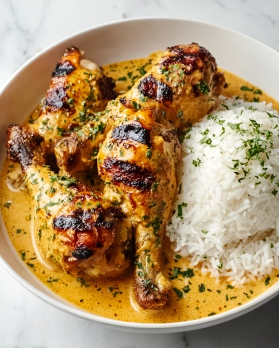 A white bowl on a white marbled surface holds three grilled chicken drumsticks covered in a creamy orange sauce with green herbs sprinkled on top. The drumsticks are arranged on the left side, showing charred grill marks and a textured, slightly crispy skin. On the right side of the bowl, there is a mound of plain white rice with a light sprinkle of green herbs over it. The creamy sauce pools beneath the chicken and rice, adding a smooth, shiny layer that contrasts with the textured chicken and fluffy rice. Photo taken with an iphone --ar 4:5 --v 7