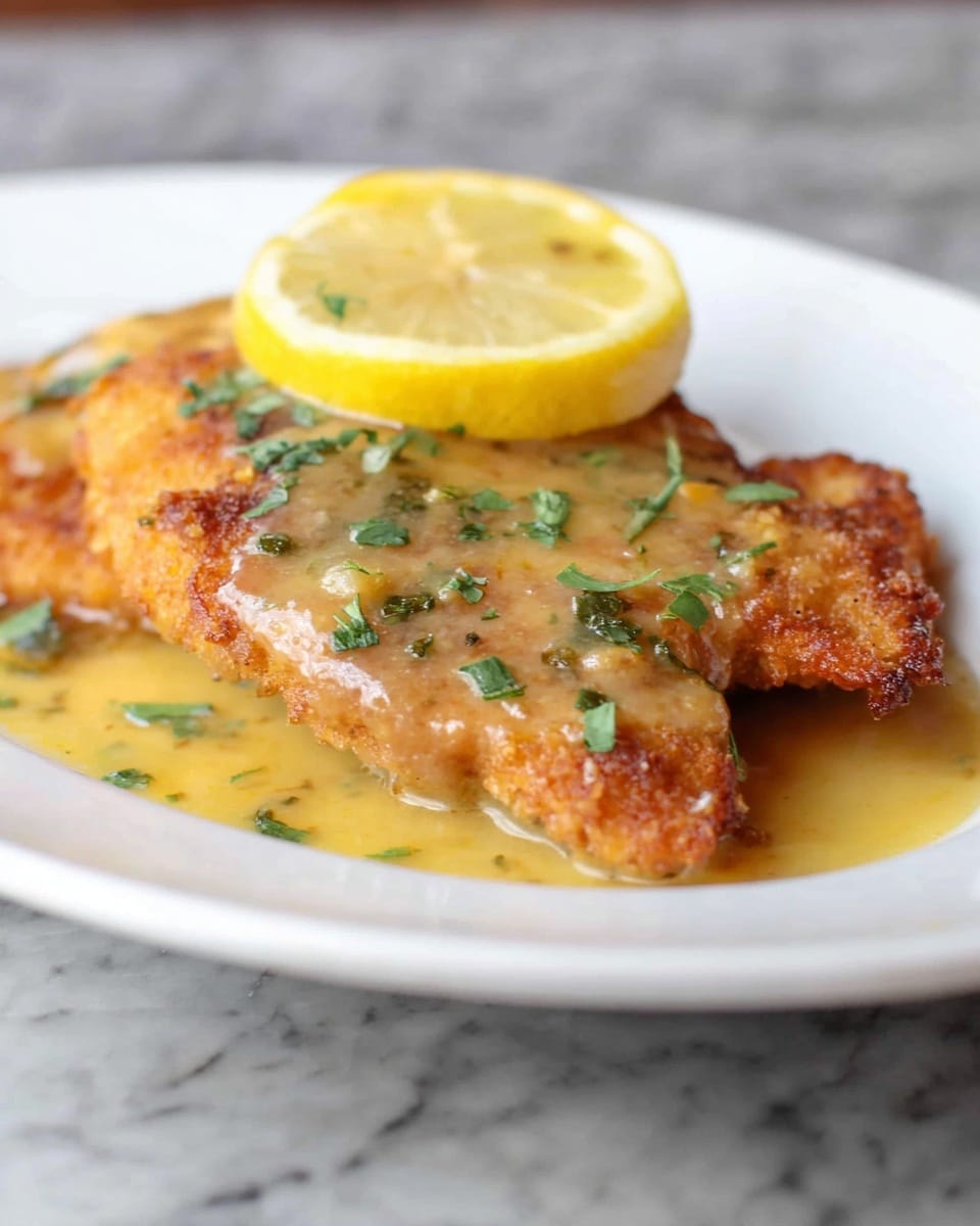 The dish shows a close-up of a single fried piece of golden-brown breaded meat with a slightly crispy texture, covered by a layer of light yellow lemon sauce that pools around the edges. Bright green chopped herbs are sprinkled on top, adding contrast. At the back, a thick lemon slice leans against the meat on a white plate. The plate rests on a white marbled surface. photo taken with an iphone --ar 4:5 --v 7