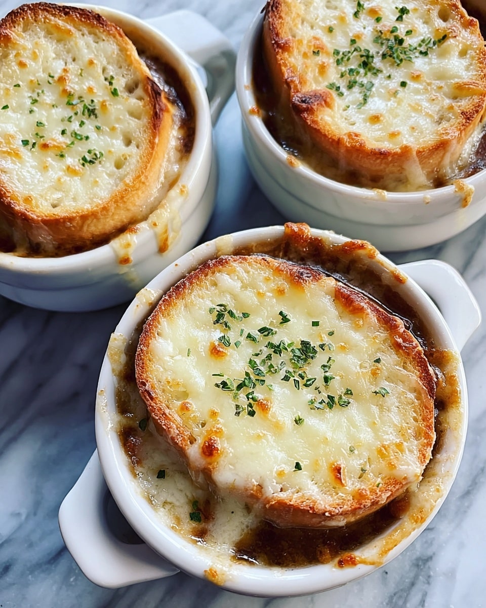 Three white bowls filled with French onion soup, each topped with a thick layer of melted golden-brown cheese that bubbles slightly at the edges. Under the cheese, a thick slice of toasted bread sits on top, showing a golden crust. Small green herb sprinkles decorate the cheese layer. The bowls are set closely together on a white marbled surface. photo taken with an iphone --ar 4:5 --v 7