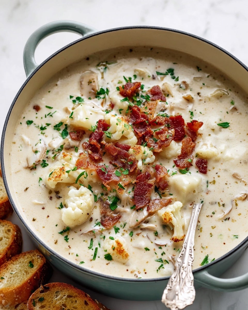 A deep white pot filled with thick creamy soup, light beige in color, showing chunks of tender cauliflower and sliced white mushrooms mixed throughout, topped with scattered small pieces of crispy reddish-brown bacon and finely chopped green parsley. A silver spoon with detailed handle dips into the soup from the right side. Pieces of toasted bread are placed on the white marbled surface around the pot. photo taken with an iphone --ar 4:5 --v 7