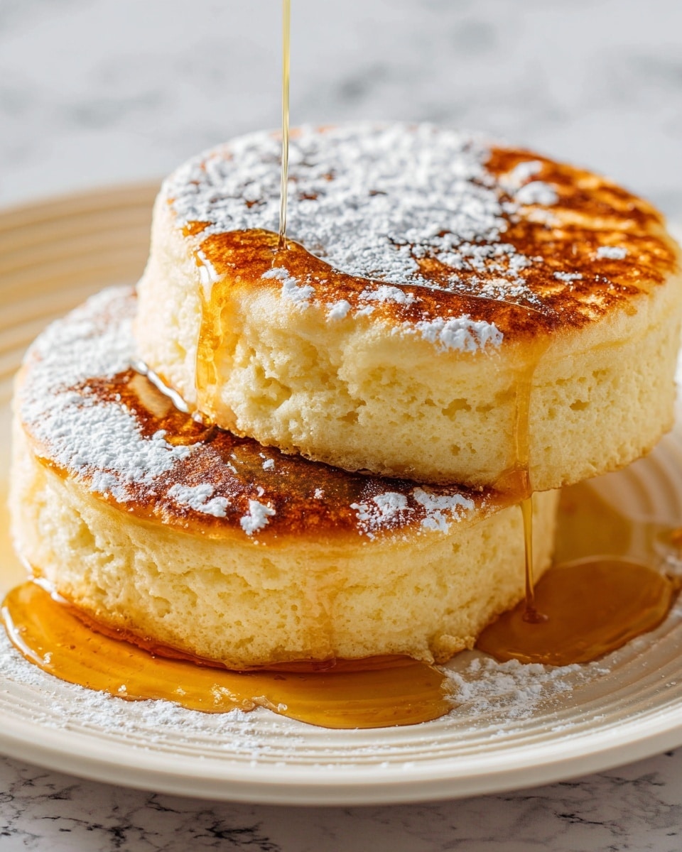 Two thick, fluffy pancakes stand side by side on a white plate with a slight ripple pattern. Each pancake has one golden-brown top layer that looks soft and spongy. A light dusting of white powdered sugar is spread unevenly across the top surfaces. Amber-colored syrup is being poured over the pancakes, creating shiny, thick streams that run down the sides and pool on the white marbled surface beneath the plate. The texture of the pancakes appears airy with tiny holes visible in the sides, emphasizing their freshness. photo taken with an iphone --ar 4:5 --v 7