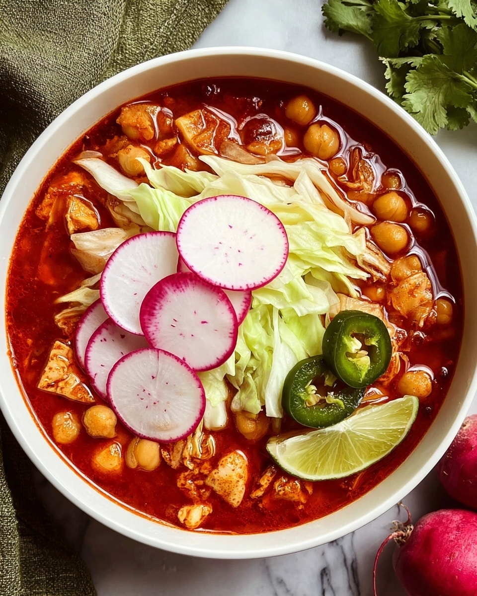 A white bowl filled with a rich, red broth containing large chickpeas and small pieces of tofu or similar textured chunks submerged in the soup; on top, neatly layered thin pale green cabbage strips in the middle, three round white radish slices with pink edges positioned slightly to the left over the cabbage, two dark green jalapeño rings placed at the upper right, and a juicy light green lime wedge resting on the cabbage at the right edge; the bowl sits on a white marbled surface with part of a green cloth visible at the top right and a red radish at the bottom right. photo taken with an iphone --ar 4:5 --v 7