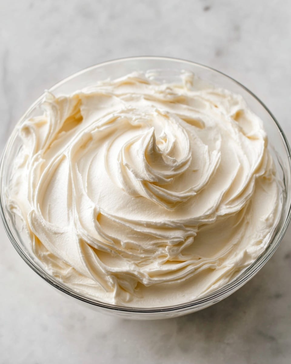 A clear glass bowl filled with a thick, creamy, white frosting that is swirled smoothly creating peaks and soft ridges. The frosting has a slightly glossy texture with visible soft waves and a central swirl rising gently. The bowl sits on a white marbled surface that contrasts with the smooth, rich texture of the frosting. photo taken with an iphone --ar 4:5 --v 7