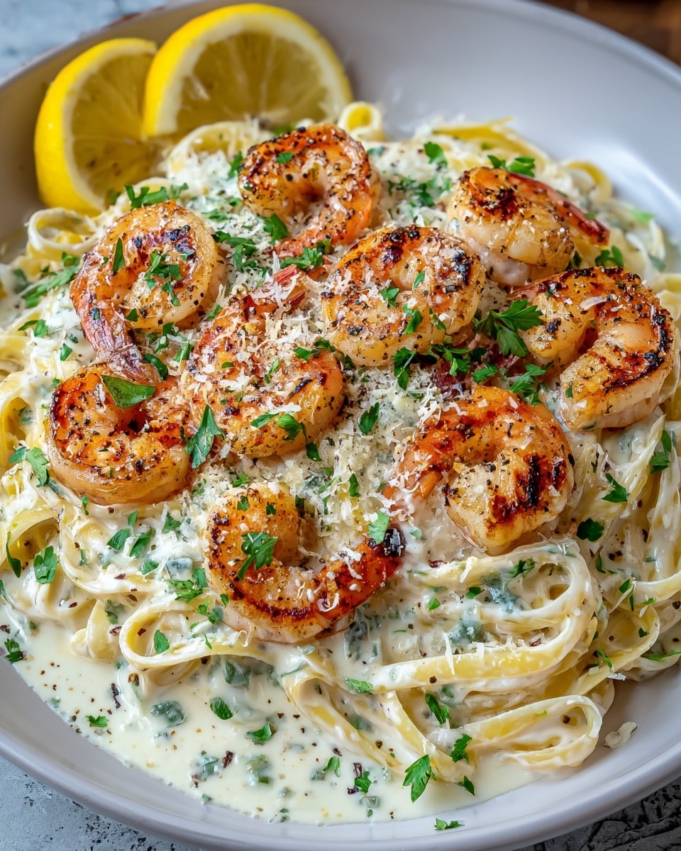 A white plate with creamy fettuccine pasta at the base, coated in a smooth white sauce speckled with green herbs. On top, there are several large, golden-brown grilled shrimp arranged evenly, each with slightly charred edges and visible seasoning. The dish is garnished with finely chopped fresh parsley, black pepper, and a sprinkle of grated cheese. In the background, two lemon wedges rest against the pasta. The setting is on a white marbled textured surface. photo taken with an iphone --ar 4:5 --v 7