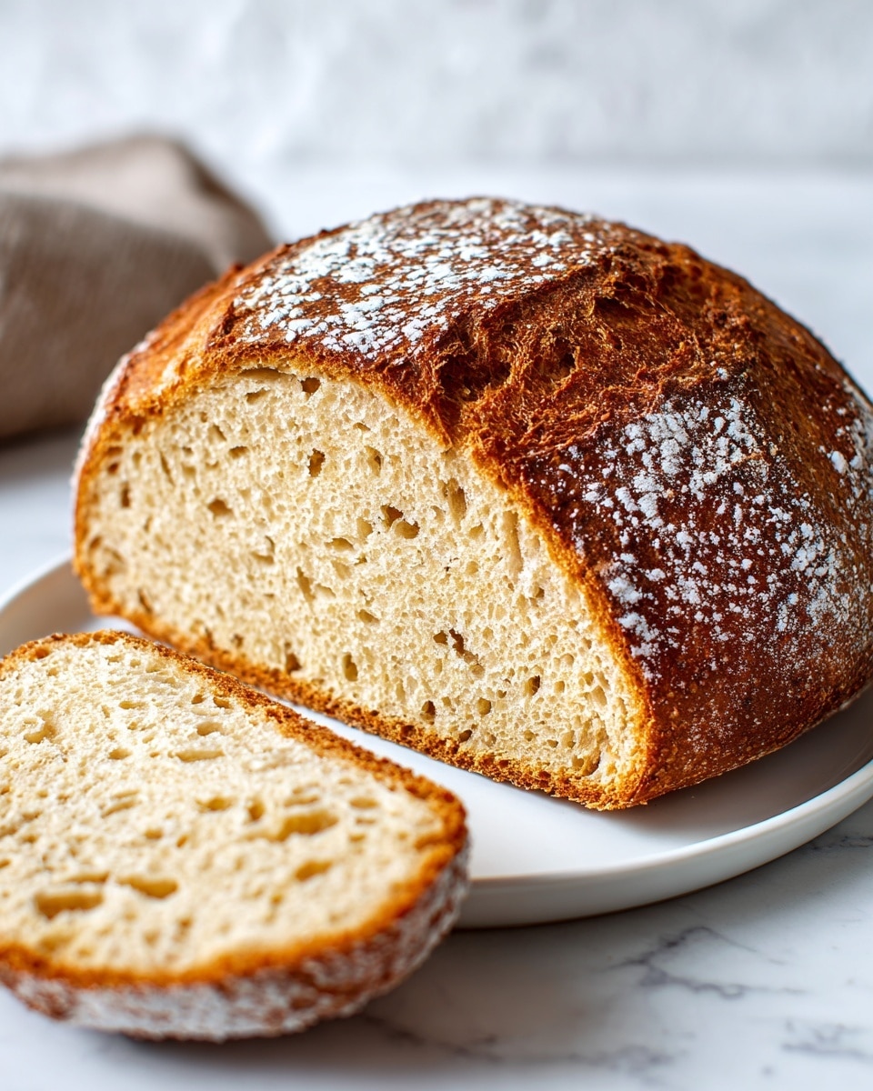 A close-up image of a round loaf of bread with a golden-brown crust that has a slightly crispy and cracked texture, showing some white flour dusted on top. The loaf is cut to reveal the soft, airy inside with small holes, and a single thick slice lies flat in front of the main bread piece. The bread is placed on a white plate set against a white marbled surface. photo taken with an iphone --ar 4:5 --v 7