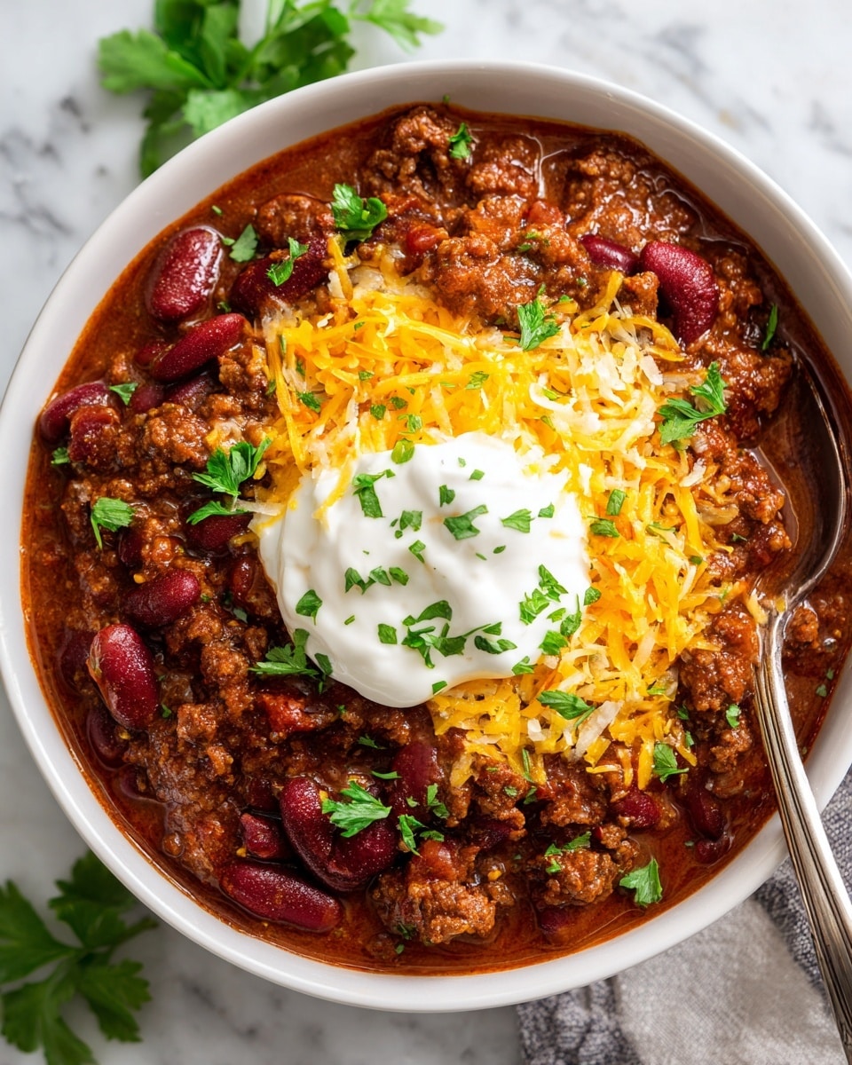 A close-up view of a white bowl filled with chili made of dark brown cooked ground beef mixed with red kidney beans in a thick, reddish-brown sauce. On top at the center, there is a large dollop of white sour cream, partly covered by a generous pile of shredded bright yellow cheese. Small green chopped herbs are sprinkled around the sour cream and cheese, adding fresh color contrast. The bowl is placed on a white marbled surface with a few green parsley leaves nearby. Photo taken with an iphone --ar 4:5 --v 7