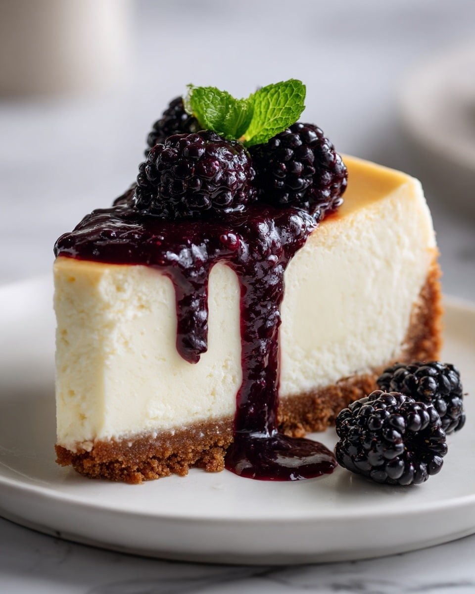 A slice of cheesecake with three distinct layers sits on a white plate against a white marbled surface. The bottom layer is a brown, crumbly crust, the middle layer is thick, smooth, and creamy white cheesecake, and the top layer is a light golden brown, slightly firm. On top of the cheesecake slice, there is a generous topping of shiny dark purple blackberry sauce dripping down the sides, along with three whole blackberries and a small green mint leaf. Two more blackberries lie on the plate next to the slice, adding to the fresh look. photo taken with an iphone --ar 4:5 --v 7