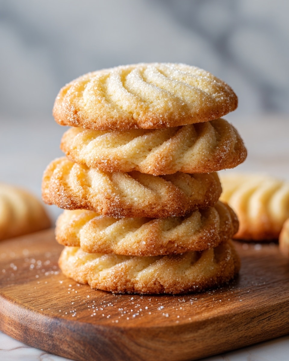 The image shows a stack of five round cookies with a flower-like pattern and ridged edges, each cookie dusted with a light layer of sugar. The cookies have a golden brown color and a crisp texture. They are arranged vertically on a wooden board, with a slightly blurred background and other cookies visible in the distance. The photo is bright and warmly lit. photo taken with an iphone --ar 4:5 --v 7