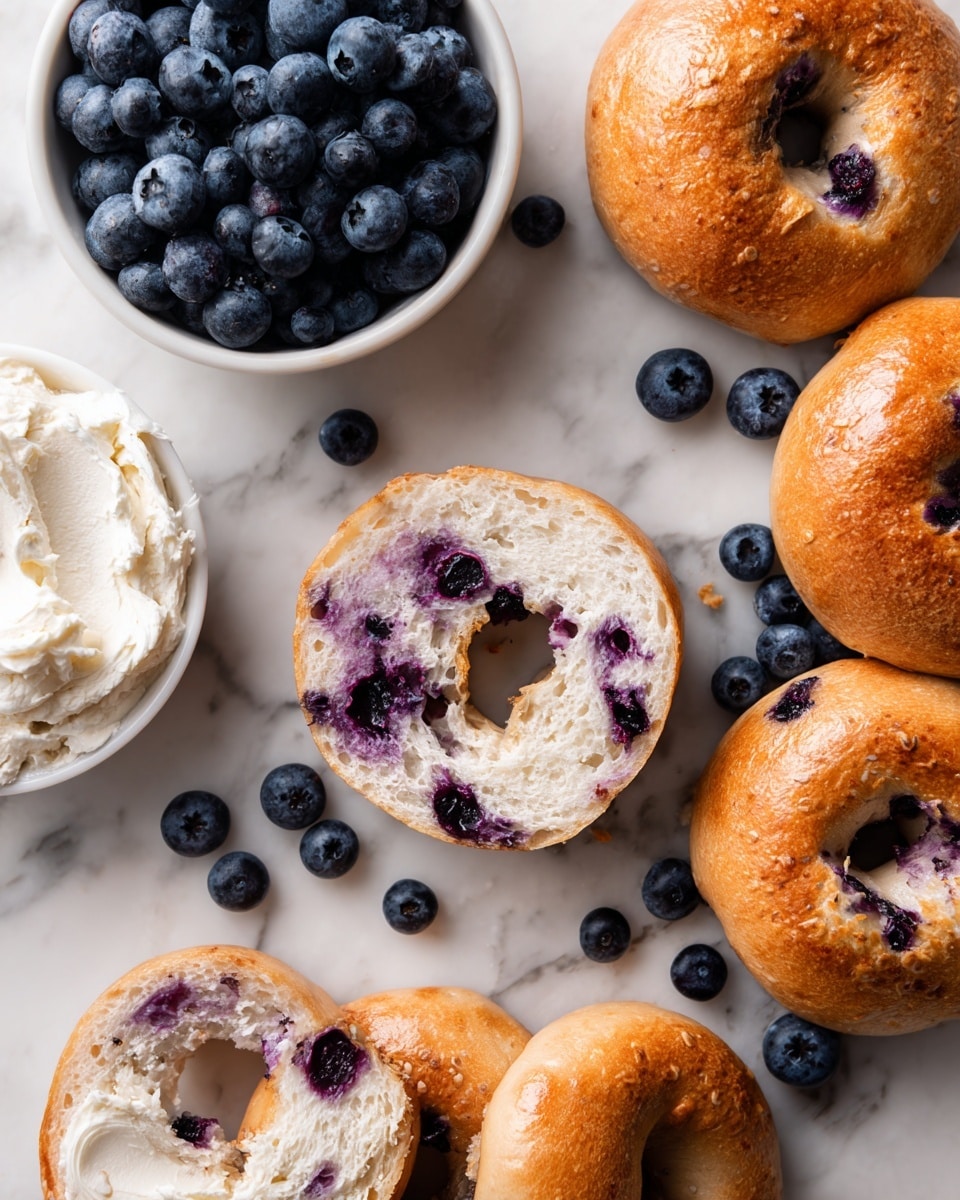 The image shows several whole, round bagels with a shiny, golden-brown crust and a soft, purple-colored interior that is visible in the two halves of a bagel placed in the center. The bagels have a typical smooth texture on the outside with small cracks and air pockets on the purple inside, indicating a fluffy, moist crumb. Around the bagels are a few scattered fresh blueberries and a white bowl filled with more fresh blueberries on the left side. In the bottom left corner, there is an open bagel half spread thickly with creamy white cream cheese, placed on a crinkled white parchment paper over a white marbled surface. photo taken with an iphone --ar 4:5 --v 7