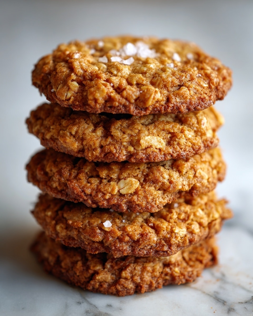 A stack of five oatmeal cookies with a rough, crumbly texture sits centered in the image. Each cookie is golden brown with visible oats throughout, giving a speckled texture and a slightly uneven surface. The edges are slightly darker and crispier, while the middle is softer and lighter. Small white flakes of sea salt are sprinkled on the top cookie, adding a touch of contrast. The cookies rest on a white marbled surface, enhancing their warm colors and rustic look. photo taken with an iphone --ar 4:5 --v 7