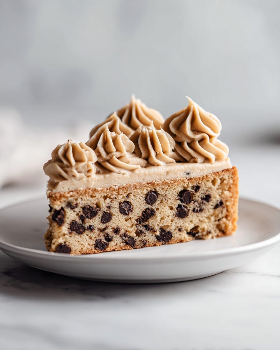 A slice of cake with three large swirls of light brown frosting on top, each swirl evenly spaced near the edge. The cake itself is golden brown with dark chocolate chips throughout, showing a slightly rough and crumbly texture. The slice is placed on a white plate with a soft white marbled surface underneath. Photo taken with an iphone --ar 4:5 --v 7