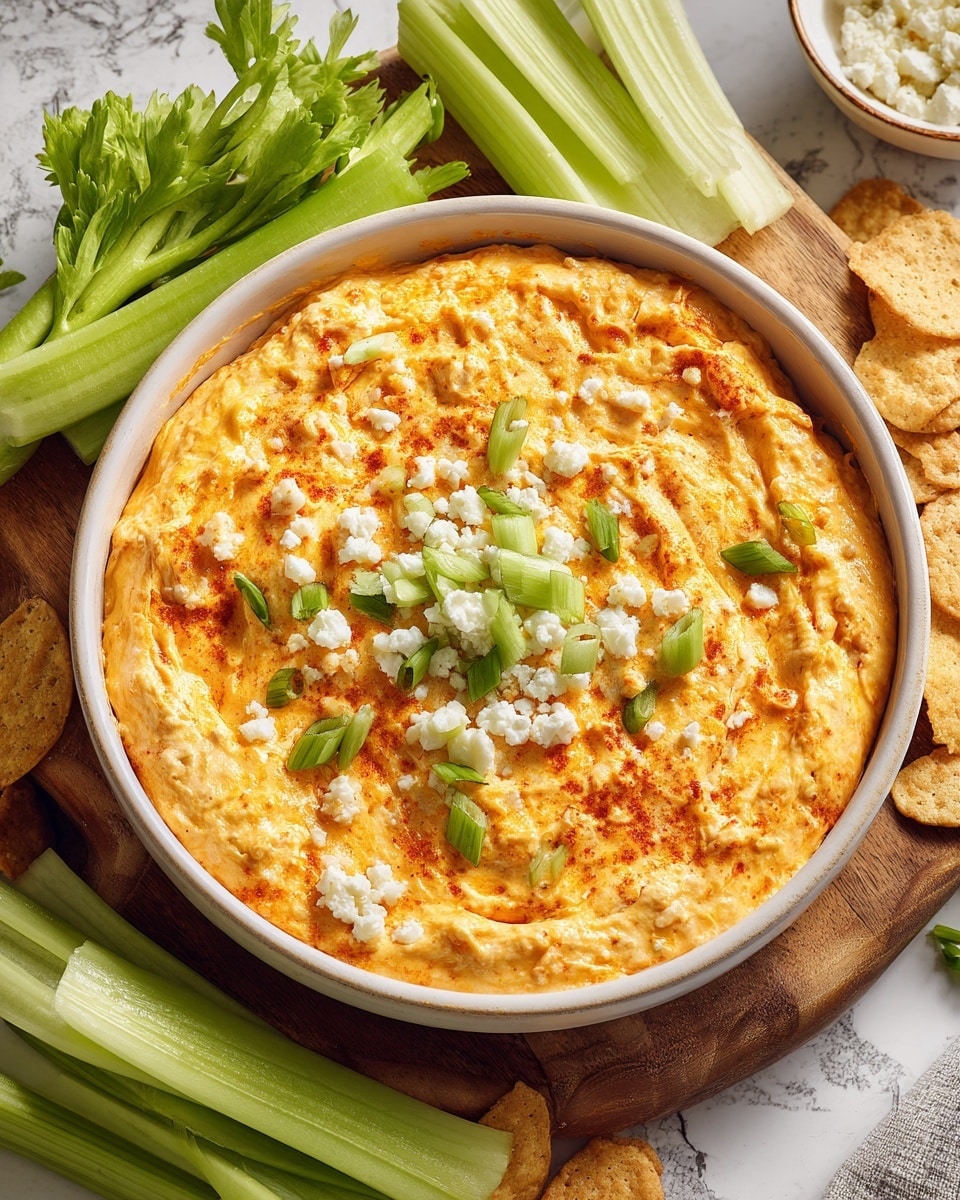 A round white ceramic dish filled with a thick, creamy orange dip that has a slightly baked, textured surface. The top layer is a mix of smooth and slightly chunky orange, likely from melted cheese and spices. In the center, there is a small pile of white crumbly cheese and chopped green onions adding fresh color. The dish sits on a wooden board surrounded by fresh celery sticks and some light brown chips. The background is a white marbled texture. photo taken with an iphone --ar 4:5 --v 7