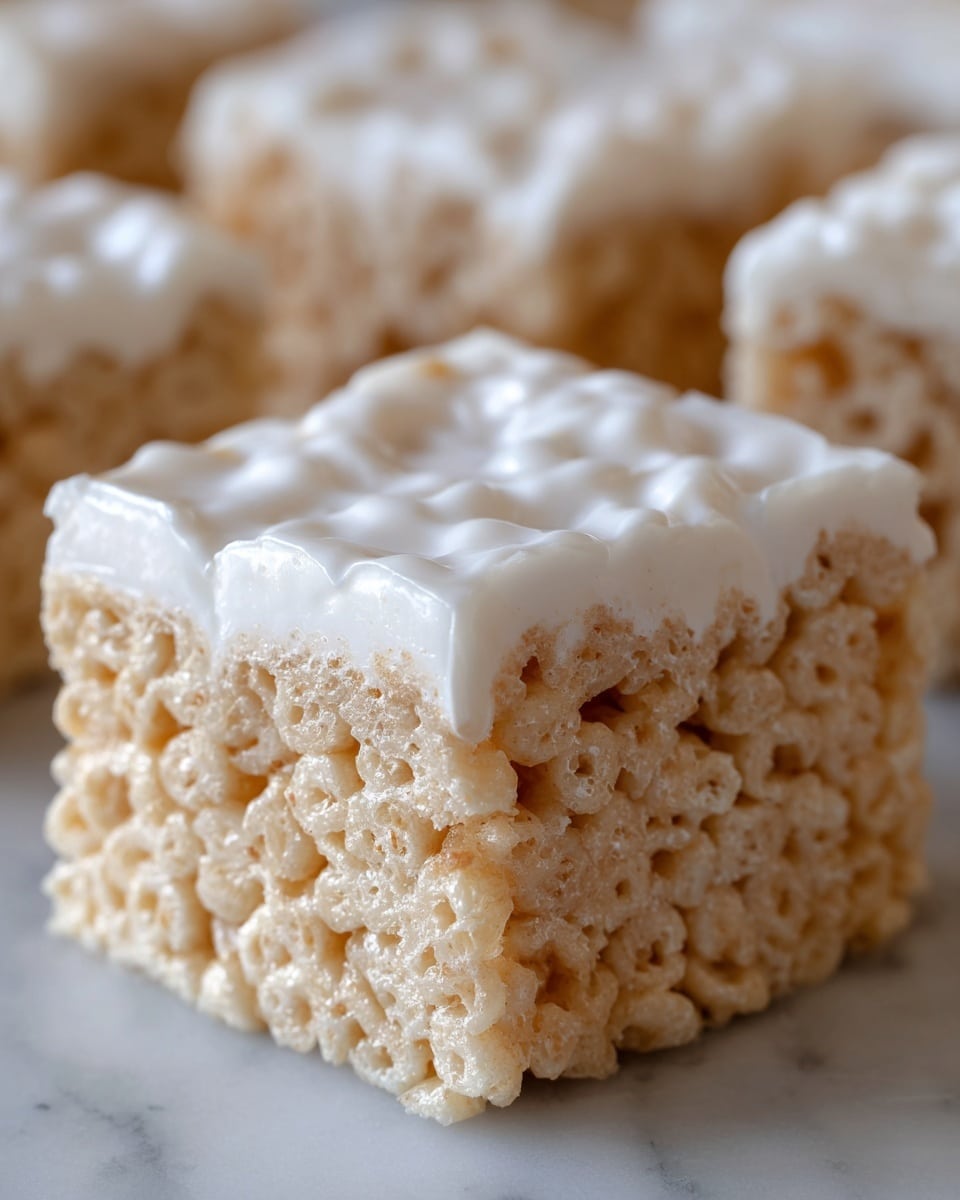 The image shows a close-up of a square-shaped rice crispy treat with two layers: a bottom layer of light beige crispy rice cereal packed tightly, and a top layer covered in a glossy, smooth white marshmallow coating that binds the cereal together. The treat’s texture looks soft yet slightly crunchy, with the shiny marshmallow surface giving a sticky and chewy appearance. The background is a white marbled texture with more rice crispy treats blurred in the distance in a row. Photo taken with an iphone --ar 4:5 --v 7