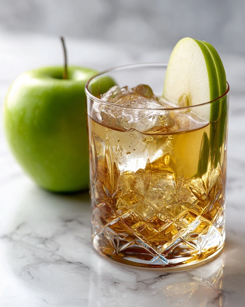 A clear glass with a diamond pattern holds a light brown drink filled with irregular ice cubes, taking up about three quarters of the glass height. On the rim sits a thin slice of green apple, showing the apple's white inside and a round hole near the center. To the left of the glass, on a white marbled surface, a whole green apple rests. The background is softly blurred with dark and light round shapes. photo taken with an iphone --ar 4:5 --v 7