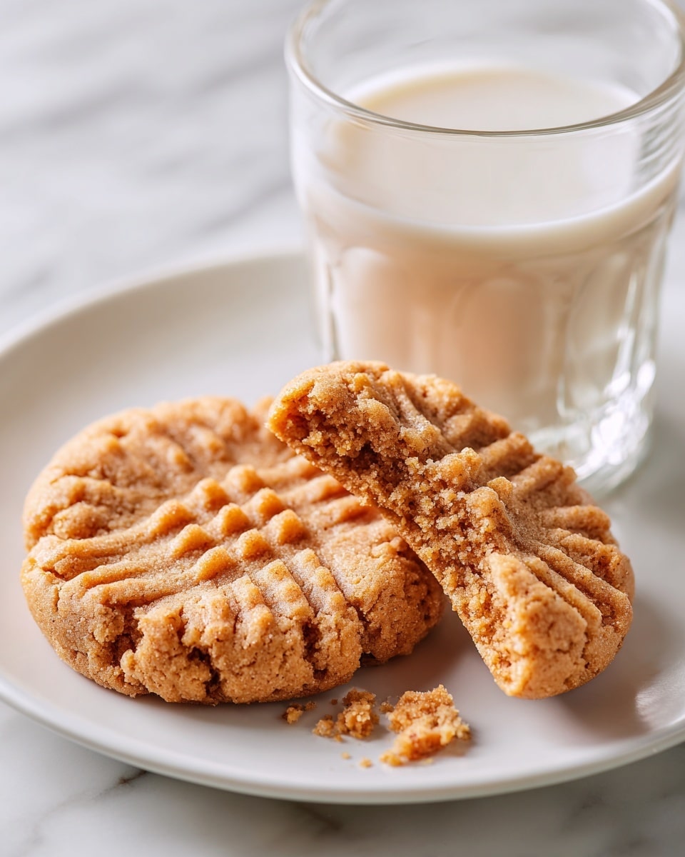 The image shows two peanut butter cookies on a white plate with a close-up view. One cookie is whole with a crisscross pattern pressed on top, showing a rough, crumbly texture and light brown color. The second cookie is broken in half and leans against the whole cookie, revealing a dense, moist inside that is darker brown and slightly grainy. In the background, there is a clear glass of milk filled near the top. The plate sits on a white marbled surface. photo taken with an iphone --ar 4:5 --v 7