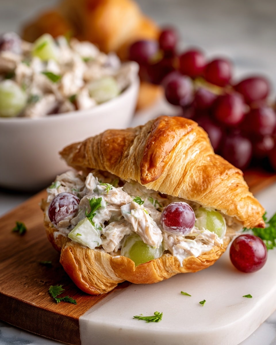 A golden brown croissant sliced open and filled with a creamy chicken salad that includes white chicken pieces mixed with green celery chunks, red grape halves, and small bits of green herbs scattered throughout. The croissant sits on a light wooden board with small green herb leaves sprinkled around it. In the background, a blurred white bowl filled with more chicken salad and a few whole red grapes can be seen against a white marbled surface. Photo taken with an iphone --ar 4:5 --v 7