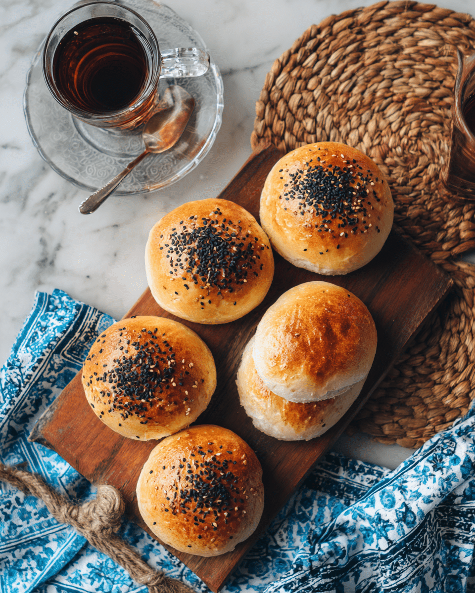 The image shows a wooden board placed on a woven mat with five golden brown baked buns topped with scattered black sesame seeds; three round buns are arranged on the upper right side of the board, and two oval-shaped buns are stacked on the lower left side. Above the board, there is a clear glass cup filled with dark tea on a clear glass saucer, with a shiny silver spoon featuring a spiral design resting beside the cup’s handle. A white cloth with blue geometric patterns is visible near the top right corner of the board. The whole setting is on a white marbled surface. photo taken with an iphone --ar 4:5 --v 7