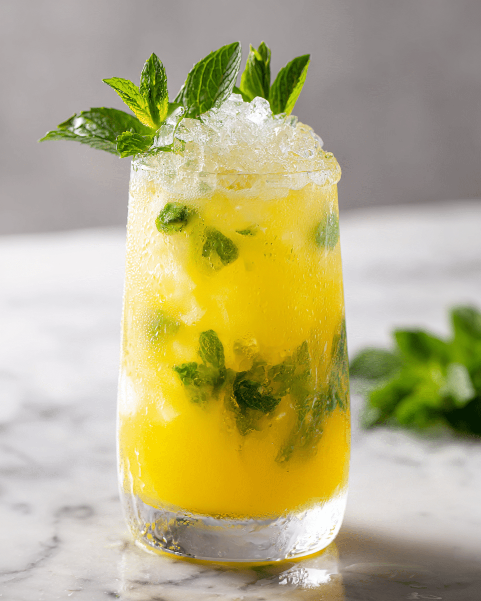 A clear glass filled with a bright yellow drink with small green mint leaves and crushed ice mixed throughout. On top, there are fresh green mint sprigs as garnish, and the drink has a slightly frothy texture near the surface. The glass is set on a white marbled surface. photo taken with an iphone --ar 4:5 --v 7