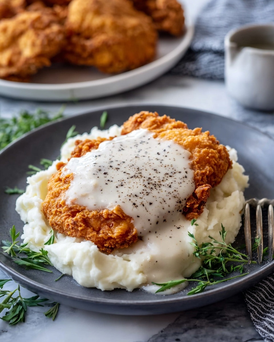A dark gray plate holds a crispy golden brown fried chicken piece at the center, topped with a thick layer of white gravy sprinkled with black pepper. Next to the chicken is a generous serving of mashed potatoes, creamy and white with a smooth texture. The meal is placed on a white marbled surface with sprigs of green herbs around for decoration. In the background, a white plate with additional crispy fried chicken pieces is visible. photo taken with an iphone --ar 4:5 --v 7