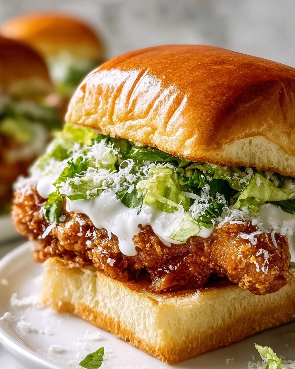 The image shows a close-up of a sandwich on a soft, shiny golden-brown square bun with a light flaky texture. The bottom layer has a crispy fried chicken fillet with a rough crunchy texture in a golden brown color. On top of the chicken, there is a thick white sauce that looks creamy and smooth, spreading partly over the chicken edges. Above the sauce, there are fresh green lettuce leaves with a bit of curly texture, adding a bright contrast. Finely grated white cheese is sprinkled over the sauce and lettuce, adding a light fluffy layer. The sandwich is placed on a white plate against a white marbled surface. Photo taken with an iphone --ar 4:5 --v 7