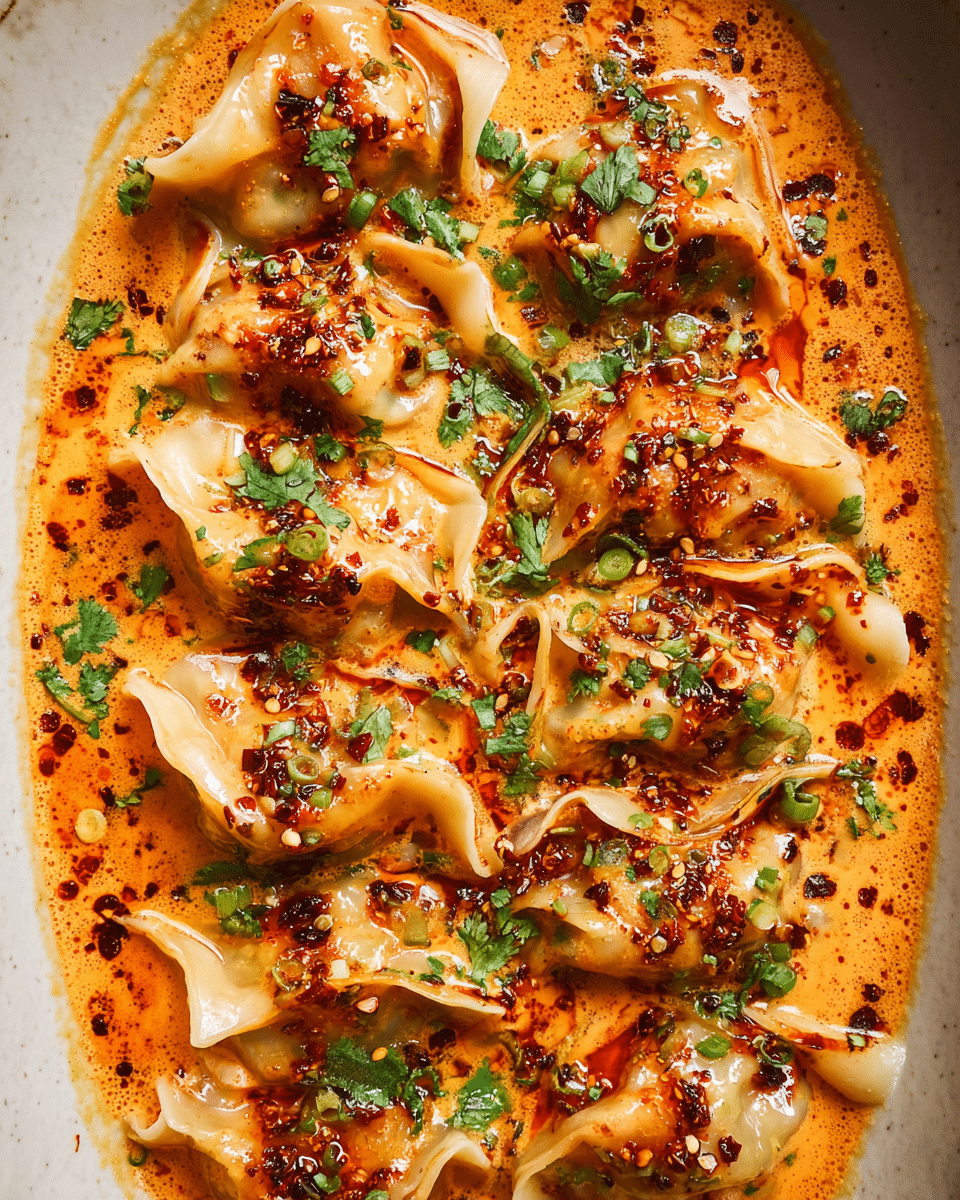 A close-up of soft dumplings in a rich, creamy orange sauce fills the frame. The dumplings are light tan with a slightly smooth, soft texture, split into about 14 pieces spread evenly. Dark red chili oil with visible chili flakes is generously drizzled and pooled on the dumplings and sauce surface. Bright green chopped herbs, likely cilantro, are scattered on top, adding fresh contrast. The sauce has a thick, slightly foamy texture and creamy look, surrounding and partially covering the dumplings. The whole dish is seen from above on a white marbled texture. Photo taken with an iphone --ar 4:5 --v 7