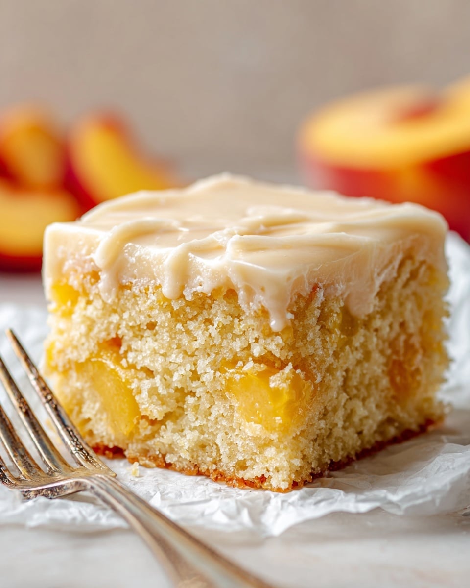 A single square piece of peach cake sits on crinkled white parchment paper over a white marbled surface. The cake has two layers: the bottom layer is light yellow with visible chunks of soft peach embedded inside, showing a moist and crumbly texture. The top layer is a smooth, shiny, pale tan glaze evenly covering the cake, with slight cracks. A silver fork lies next to the cake on the parchment, and blurred peach slices are visible in the background, adding a fresh touch. Photo taken with an iphone --ar 4:5 --v 7