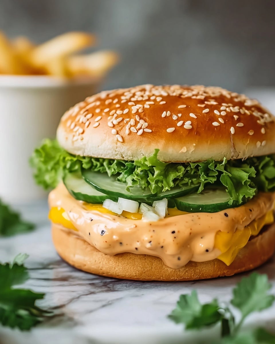 A close-up view of a burger with a sesame seed bun on top. The burger has five visible layers: the bottom bun is light brown and soft-looking, followed by bright green leafy lettuce that looks fresh and slightly curly; above the lettuce are small, diced white and green cucumber pieces; next is a melted slice of yellow cheddar cheese draped over the cucumbers; and on top is a thick spread of creamy, orange sauce with small black specks. The burger sits on a white marbled surface with some scattered green leaves around it. In the blurry background, there is a white cup with some light-colored fries. photo taken with an iphone --ar 4:5 --v 7