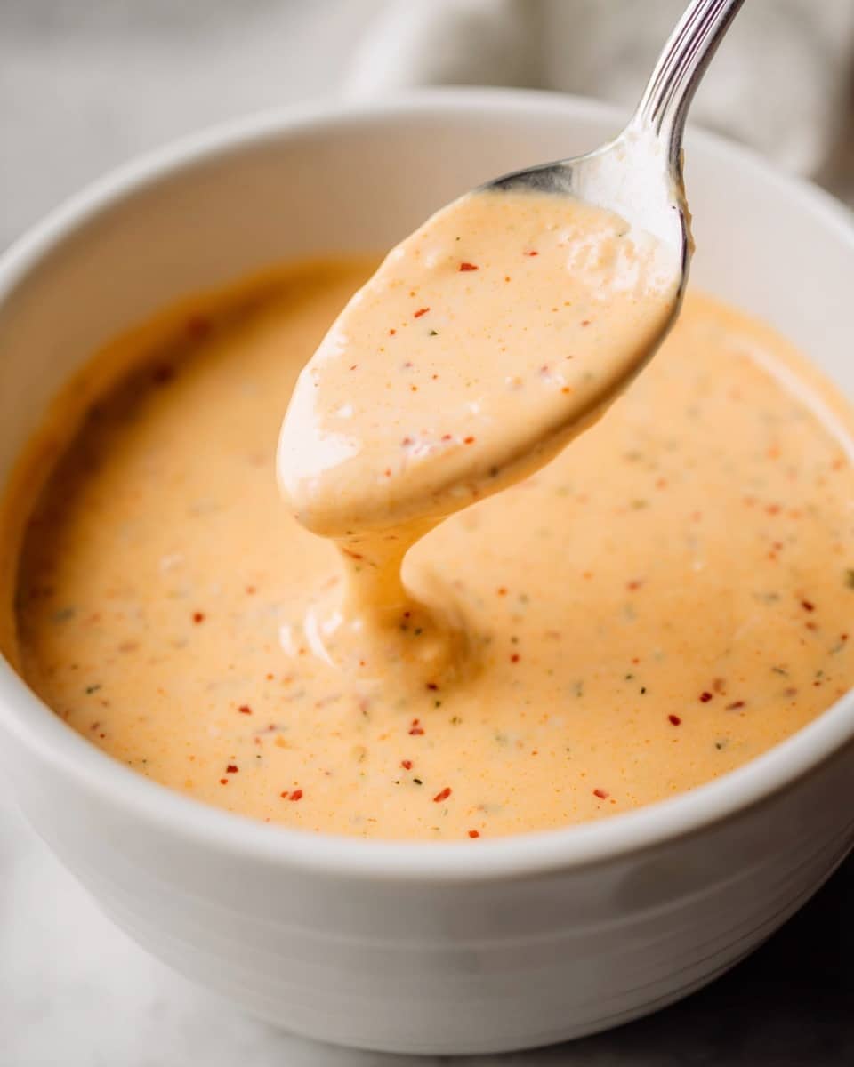 A close-up view of a white bowl filled with creamy, light orange sauce speckled with tiny red and black dots, showing its smooth and thick texture. A silver spoon lifts some sauce above the bowl, highlighting the sauce's soft, slightly runny consistency as it drips back gently. The bowl rests on a white marbled surface. photo taken with an iphone --ar 4:5 --v 7