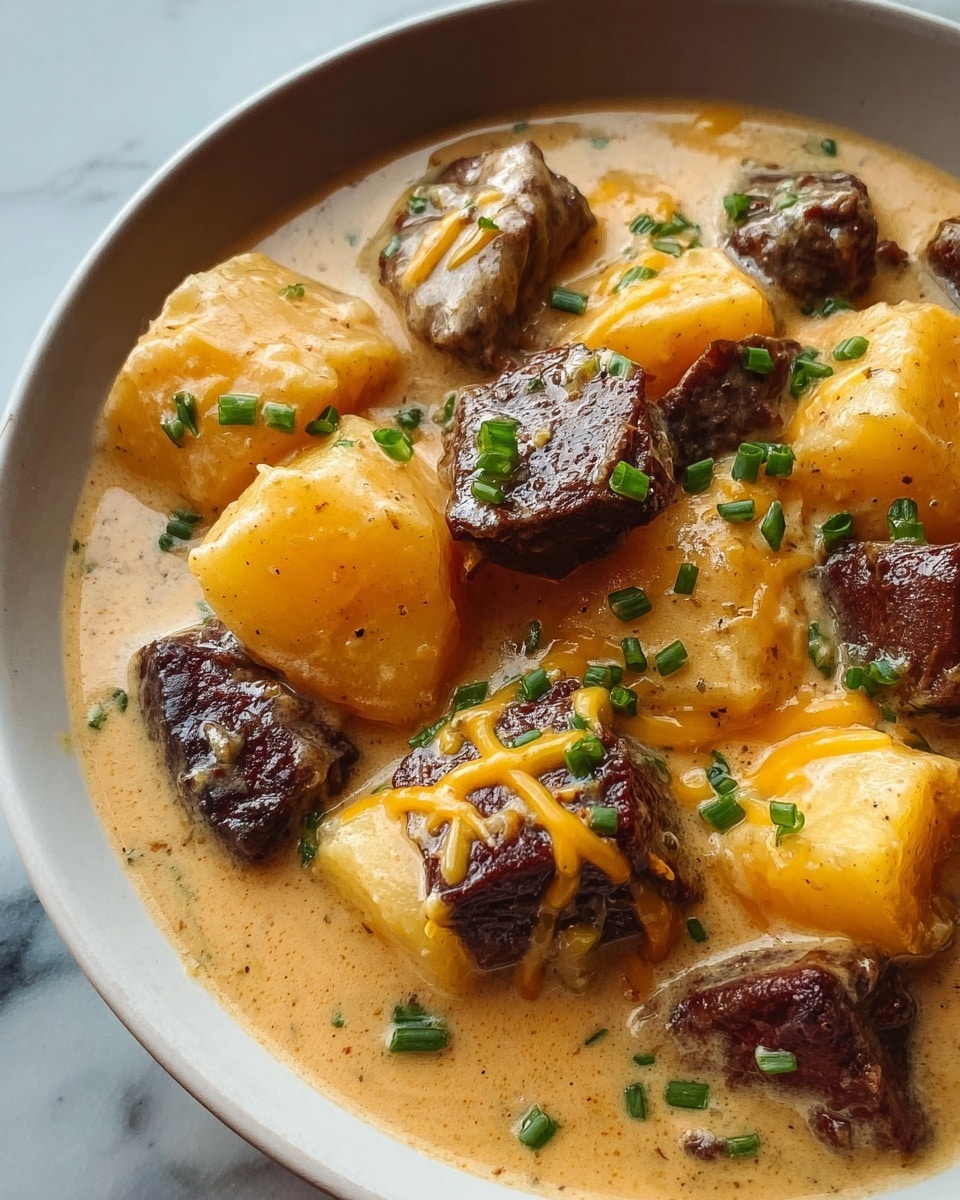 A close-up view of a creamy stew served in a white bowl, showing several layers of ingredients. The base layer is thick, pale beige sauce with a smooth, slightly glossy texture. On top, large chunks of golden yellow potatoes with a soft, cooked look sit mixed with dark brown, seared pieces of tender meat that have a slightly crispy surface. There are small bright green chopped chives scattered evenly across the dish, adding a fresh color contrast. Thin strands of melted orange cheese are gently woven into the sauce and over the potatoes and meat, giving the dish a rich and hearty appeal. The bowl rests on a white marbled surface. photo taken with an iphone --ar 4:5 --v 7