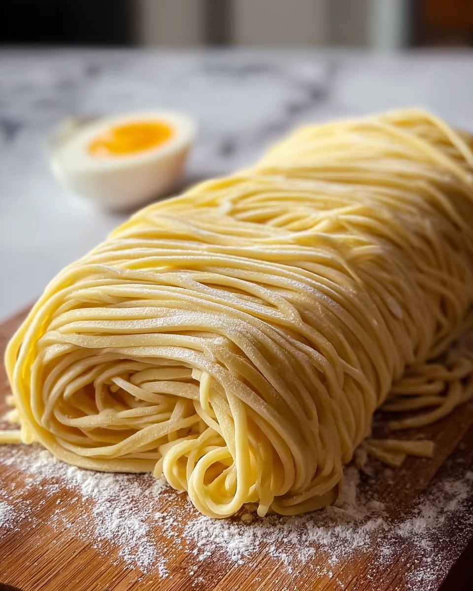The image shows a thick bundle of fresh noodles neatly folded into a rectangular shape, resting on a wooden surface dusted with white flour. The noodles have a pale yellow color with a smooth and slightly glossy texture, tightly packed with visible strands stacked horizontally. In the blurred background, there is a small white bowl containing a soft-boiled egg with a bright yellow yolk partially visible. The overall scene is set against a white marbled texture. photo taken with an iphone --ar 4:5 --v 7